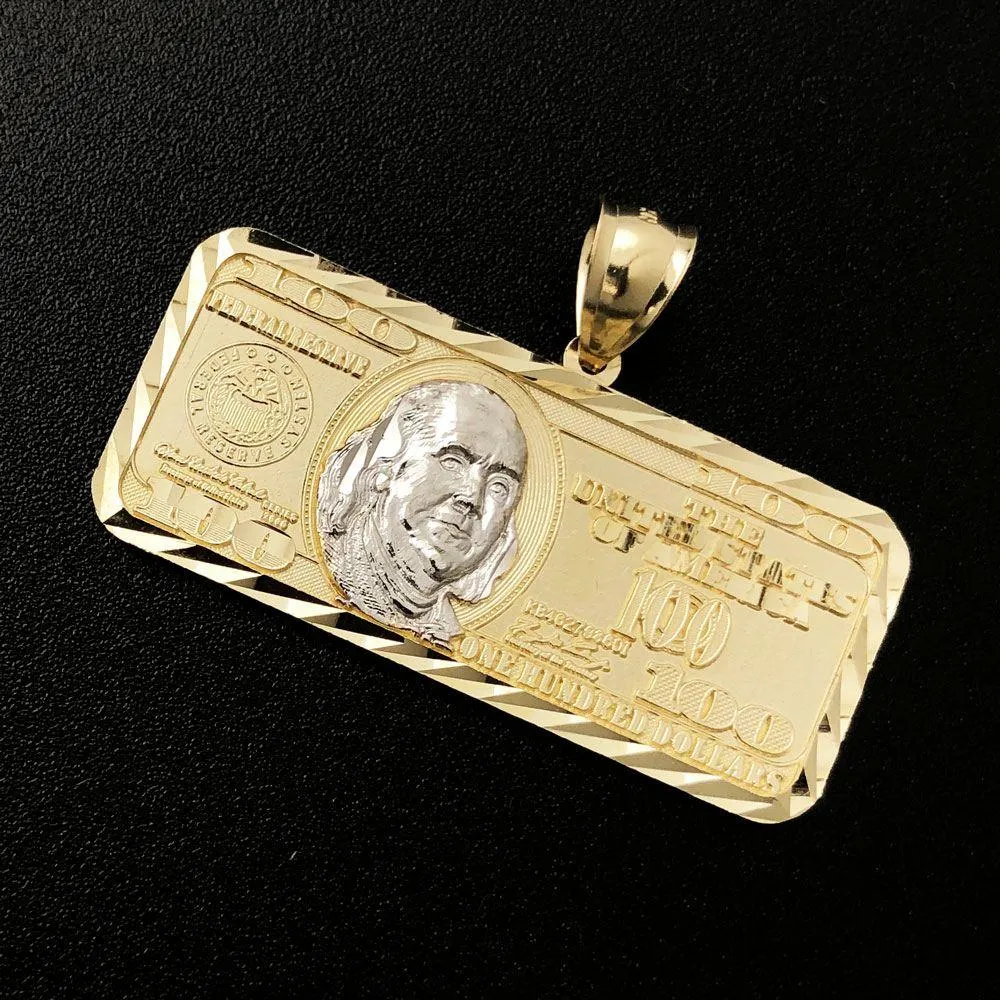 $100 Bill 2 Tone DC 10K Yellow Gold Pendant