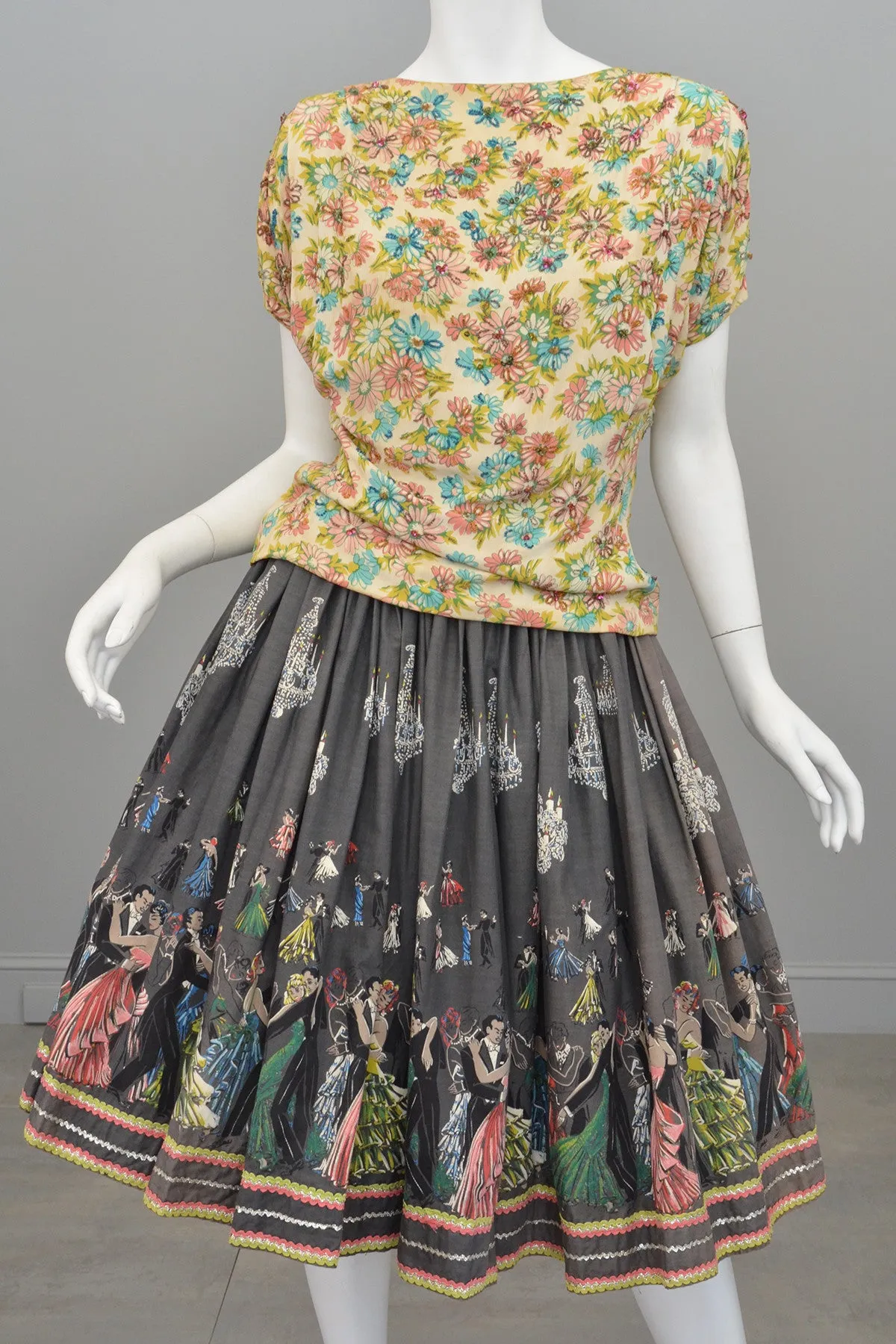 1950s Novelty Print Skirt Ballroom Scene Vintage Skirt Pinup