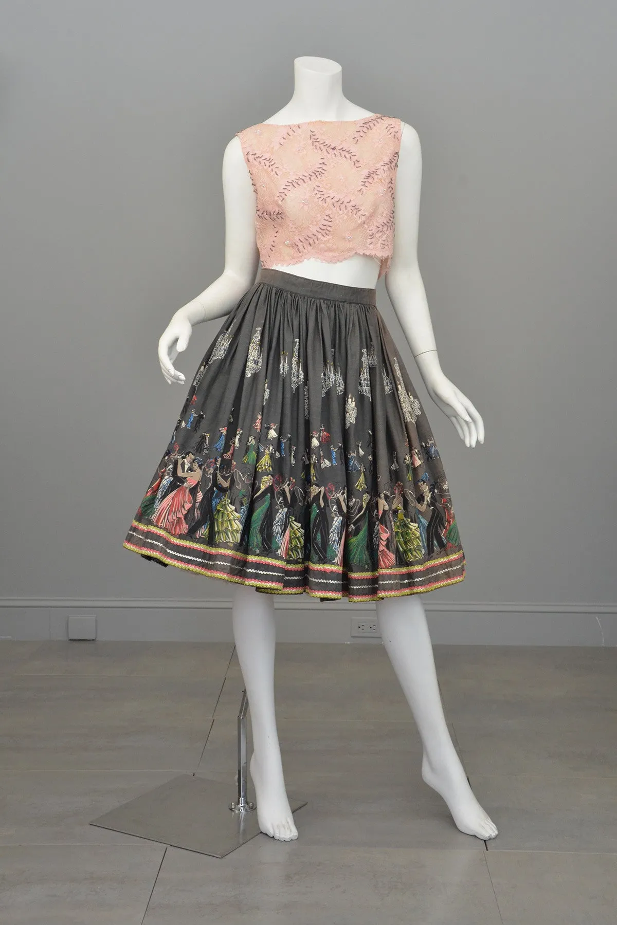 1950s Novelty Print Skirt Ballroom Scene Vintage Skirt Pinup