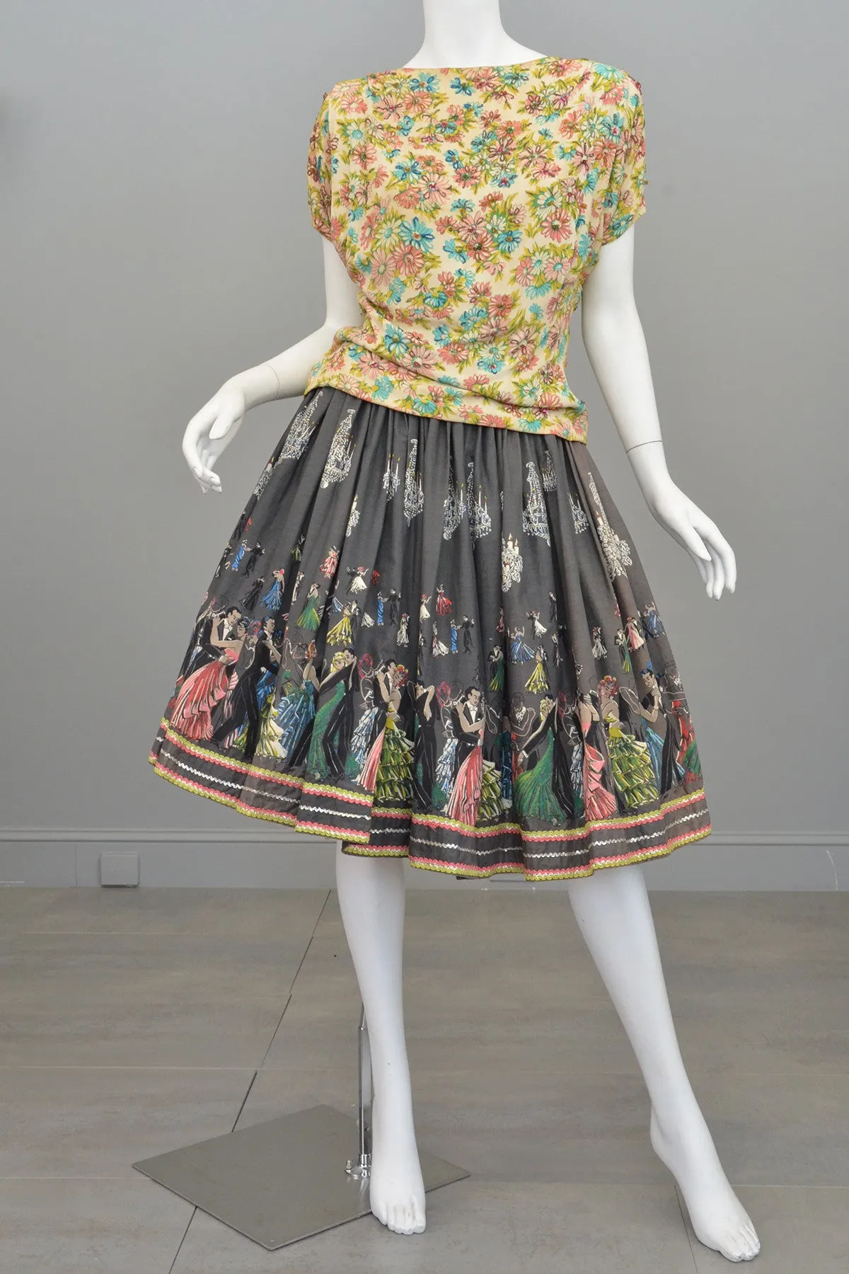 1950s Novelty Print Skirt Ballroom Scene Vintage Skirt Pinup