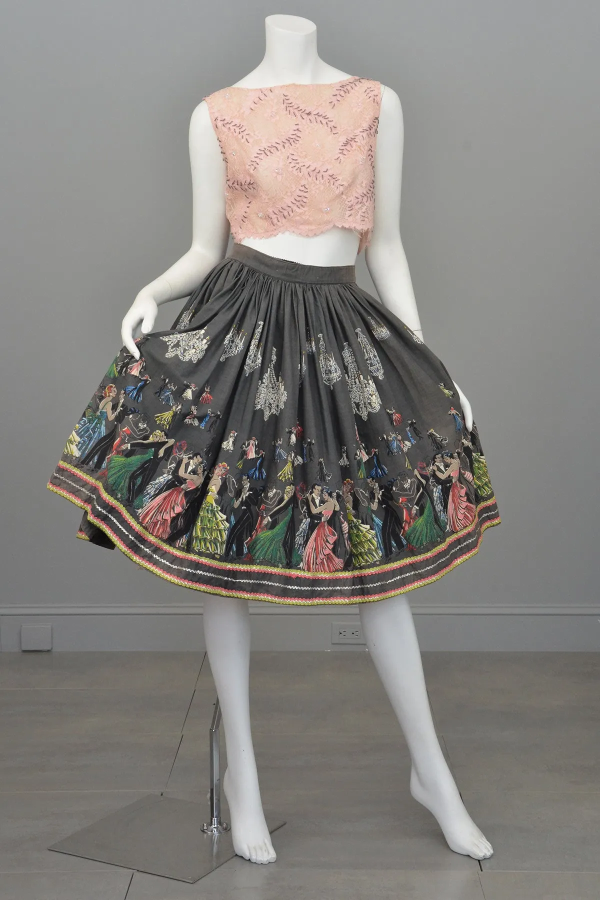 1950s Novelty Print Skirt Ballroom Scene Vintage Skirt Pinup