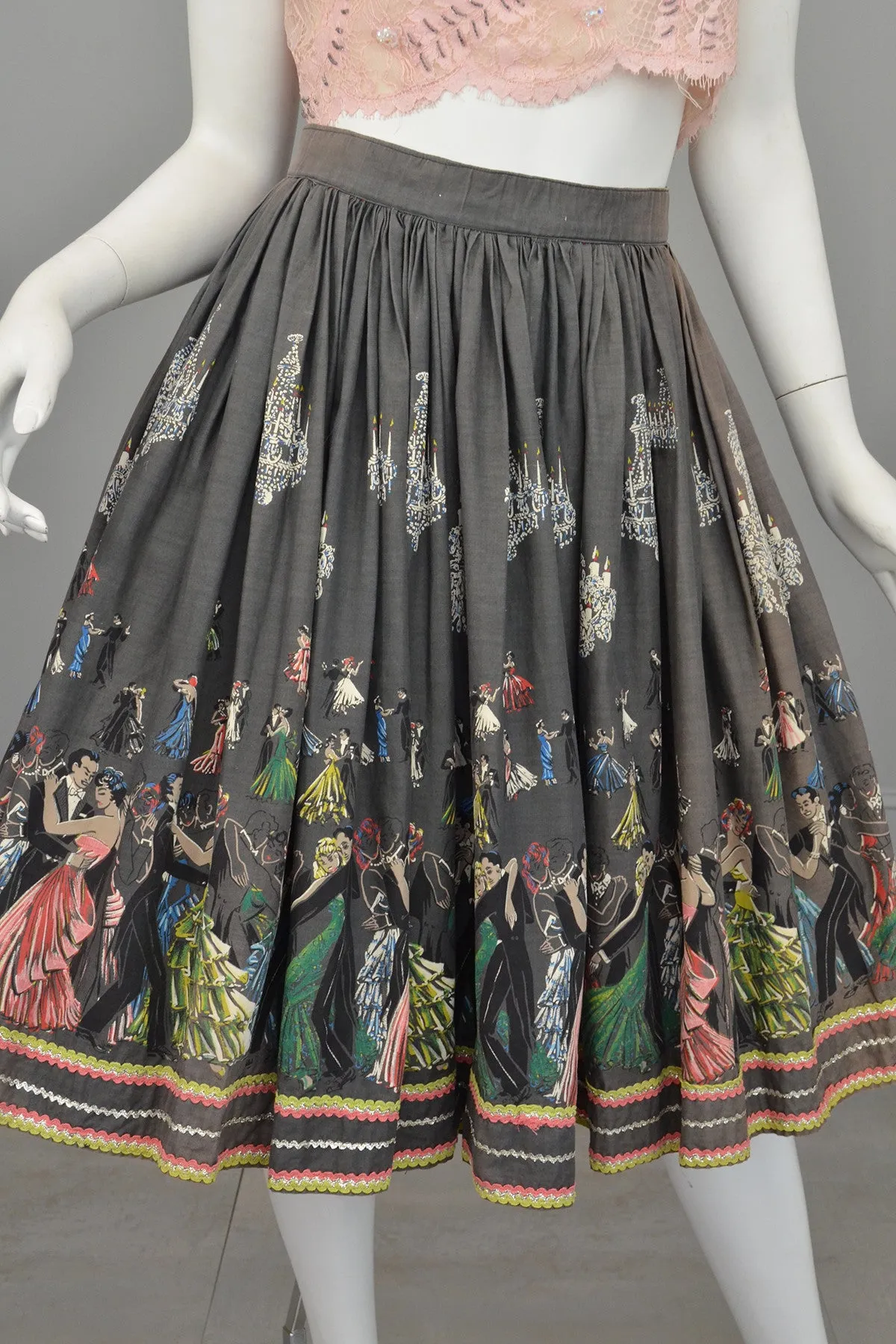 1950s Novelty Print Skirt Ballroom Scene Vintage Skirt Pinup