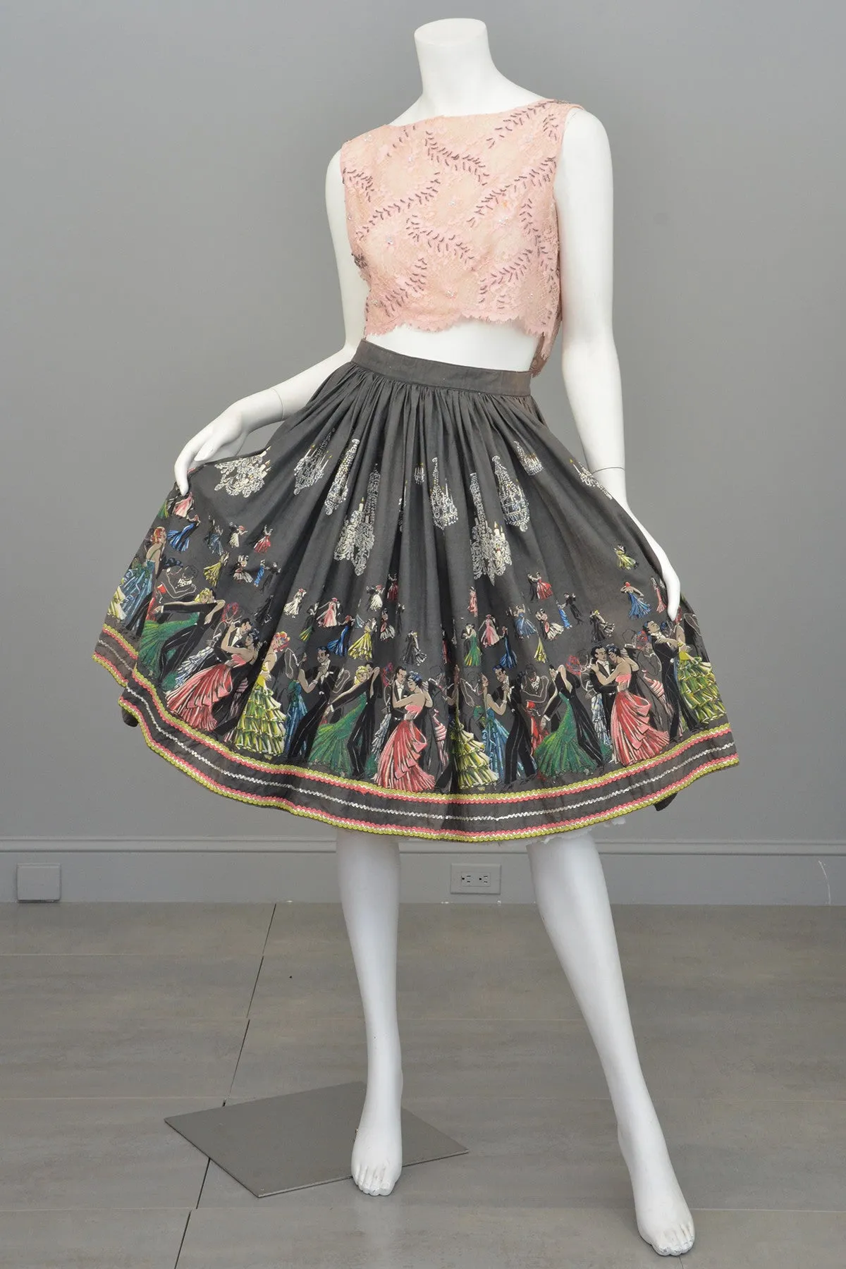 1950s Novelty Print Skirt Ballroom Scene Vintage Skirt Pinup