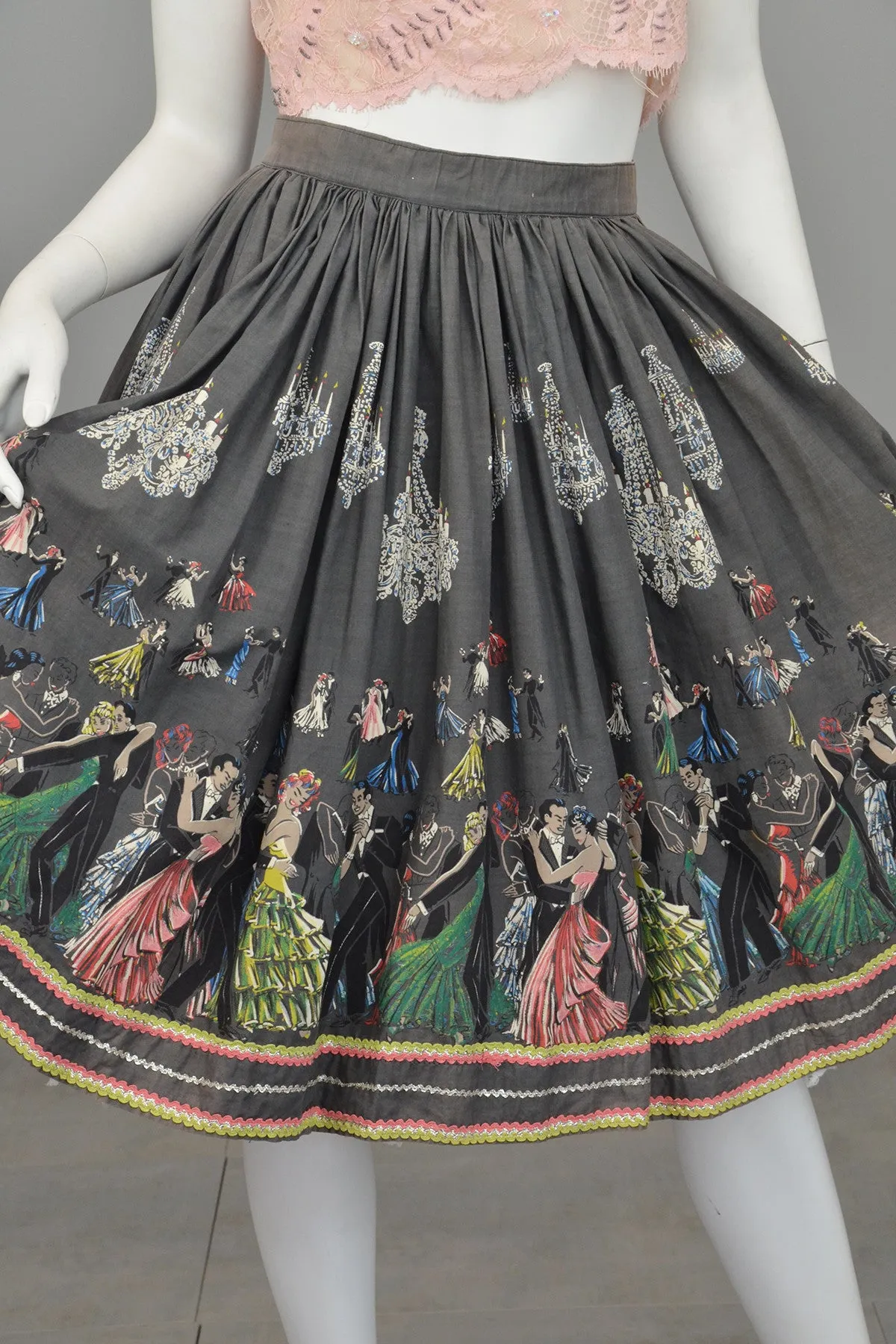 1950s Novelty Print Skirt Ballroom Scene Vintage Skirt Pinup