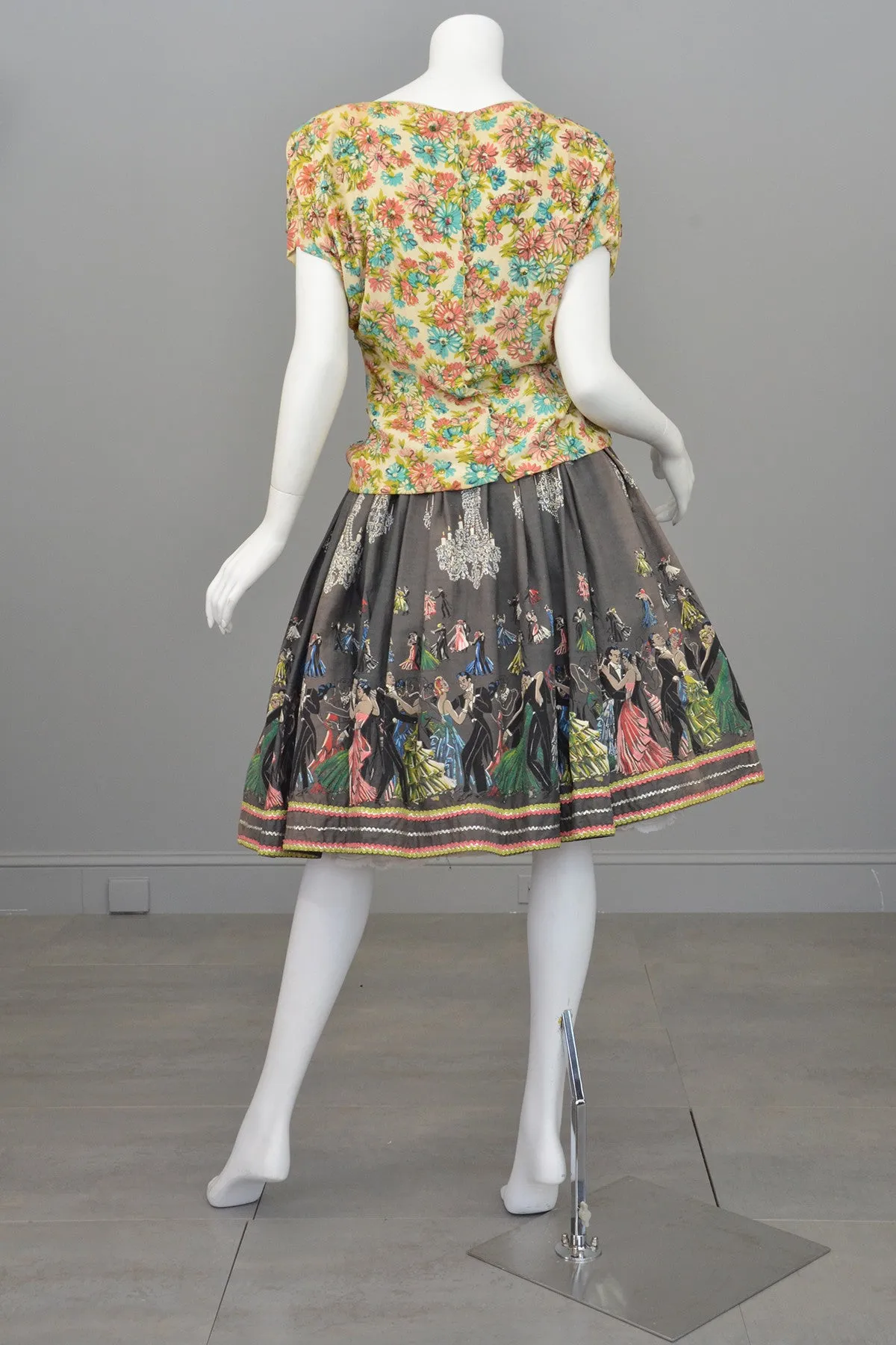 1950s Novelty Print Skirt Ballroom Scene Vintage Skirt Pinup