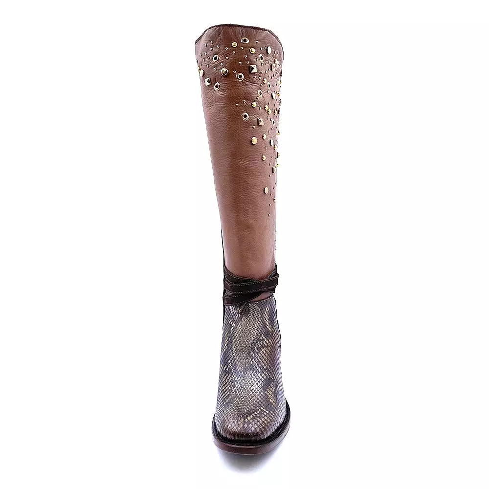 3W03PH - Cuadra brown western cowgirl python skin knee high boots for women