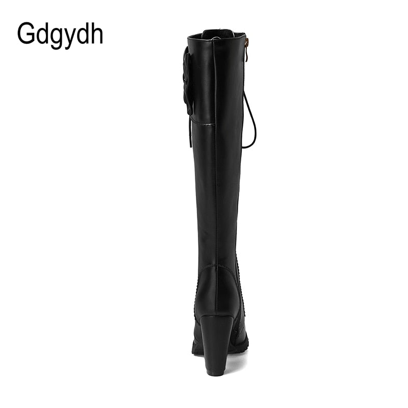 Autumn Winter Women Knee-High Motorcycle Boots Thick Heel Platform Bow-knot