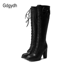 Autumn Winter Women Knee-High Motorcycle Boots Thick Heel Platform Bow-knot