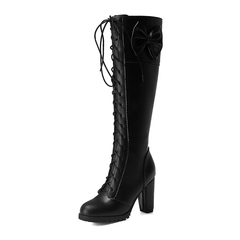 Autumn Winter Women Knee-High Motorcycle Boots Thick Heel Platform Bow-knot