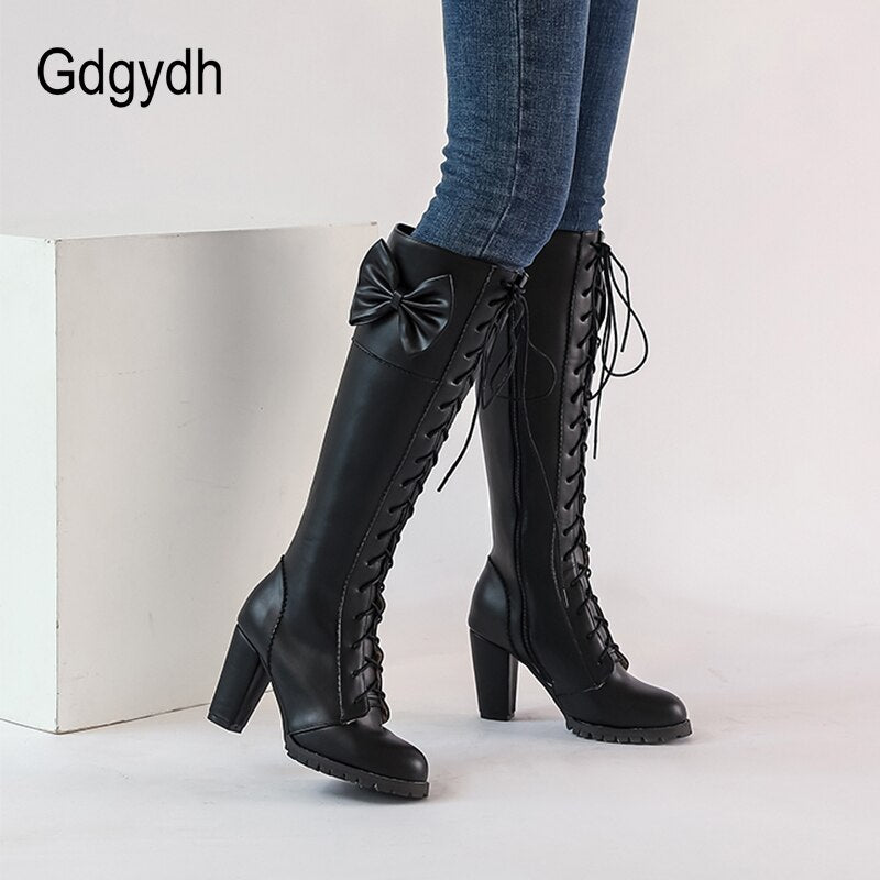 Autumn Winter Women Knee-High Motorcycle Boots Thick Heel Platform Bow-knot