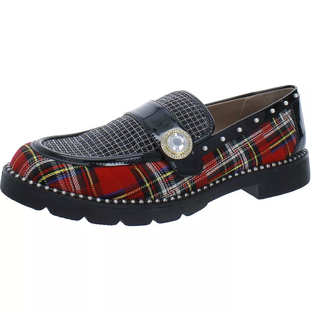 Betsey Johnson Womens Mariam Plaid Embellished Loafers