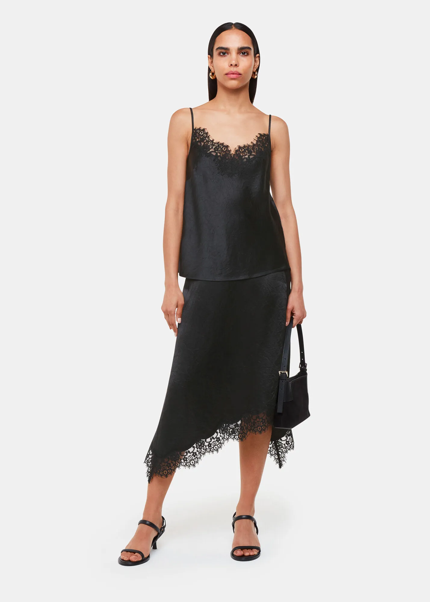 Black Lace Trim Midi Skirt