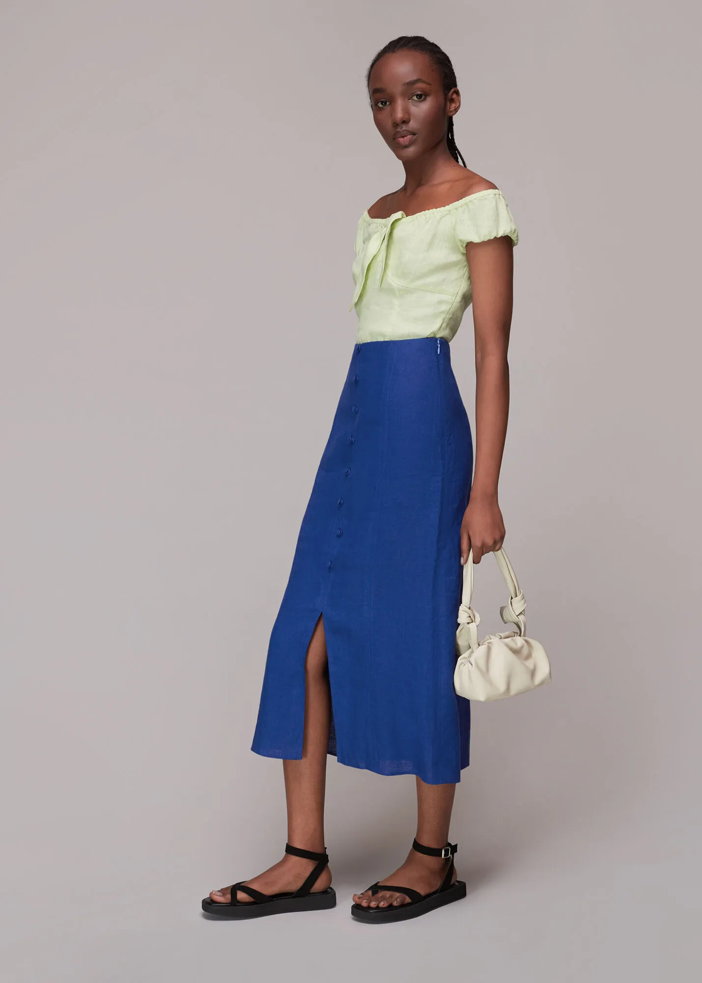 Blue Button Front Linen Skirt