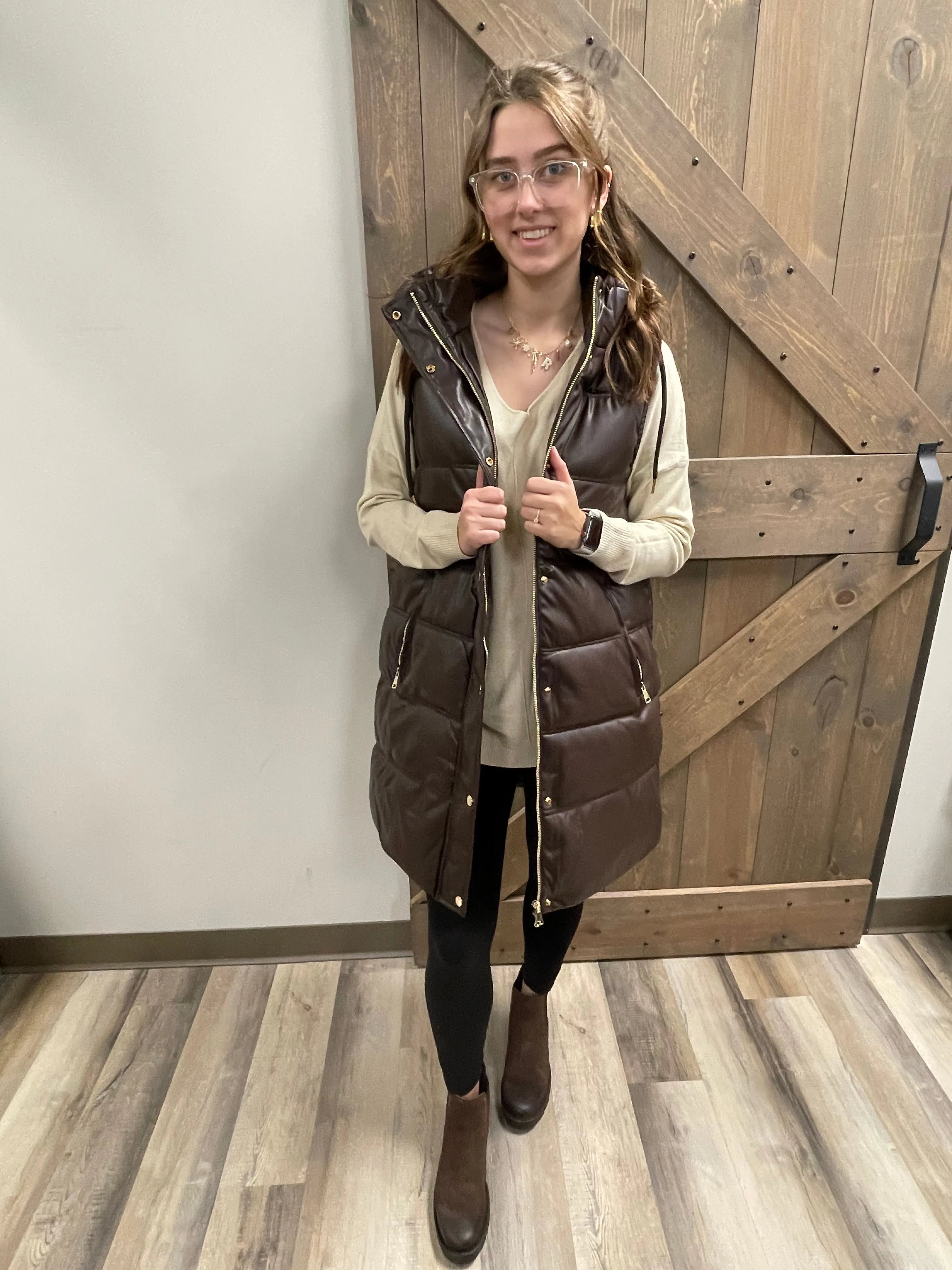 Brown Hooded | Faux Leather | Puffer Vest