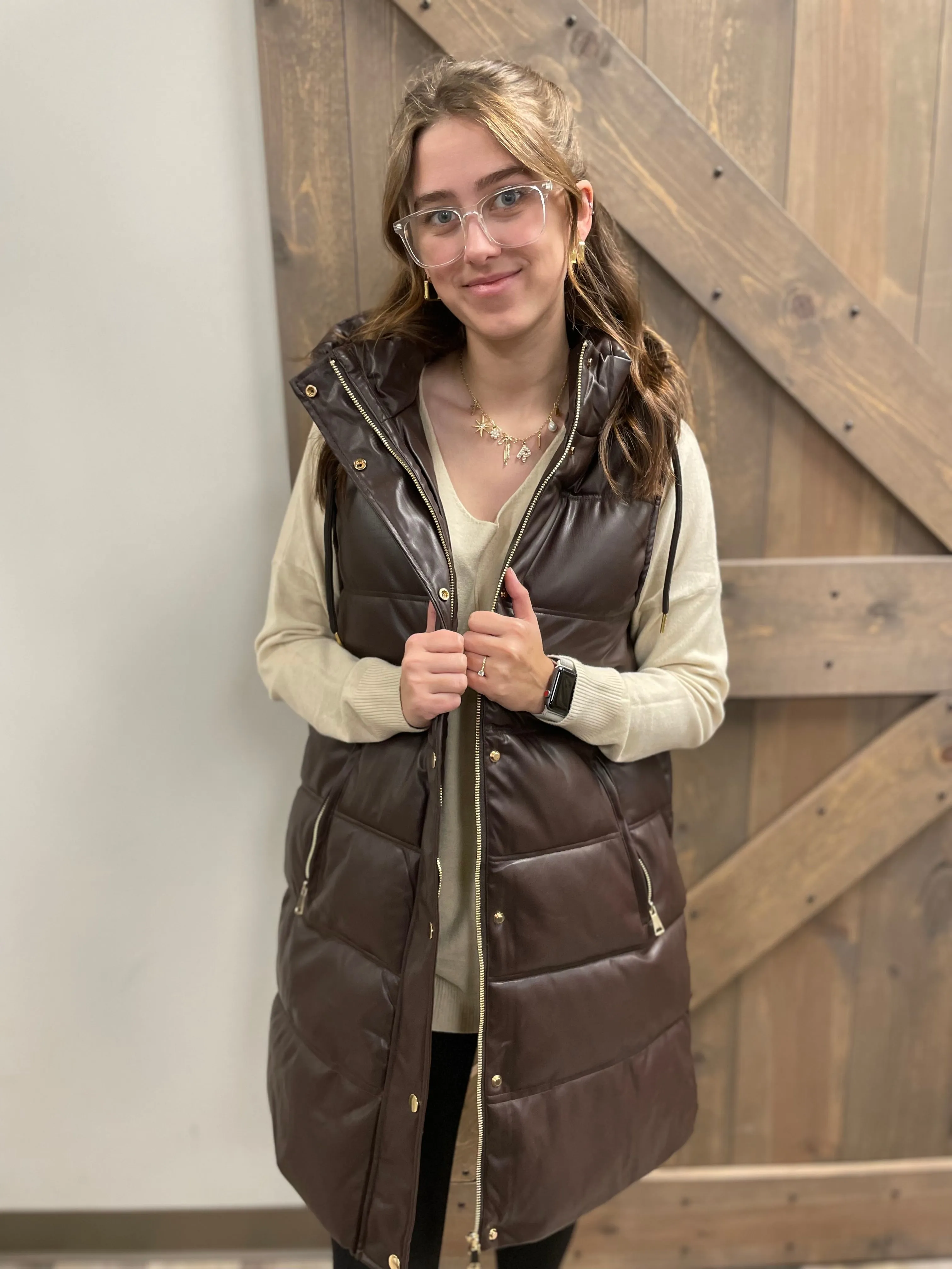 Brown Hooded | Faux Leather | Puffer Vest