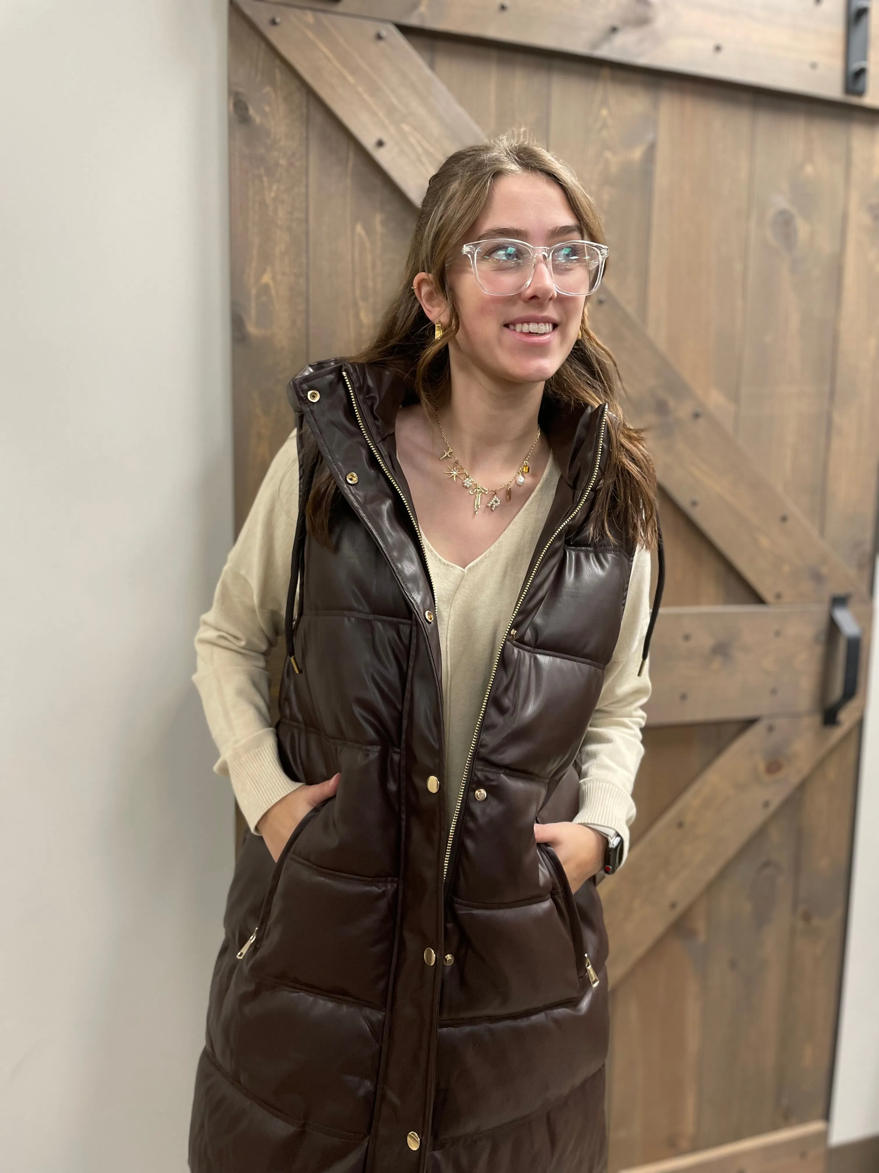 Brown Hooded | Faux Leather | Puffer Vest