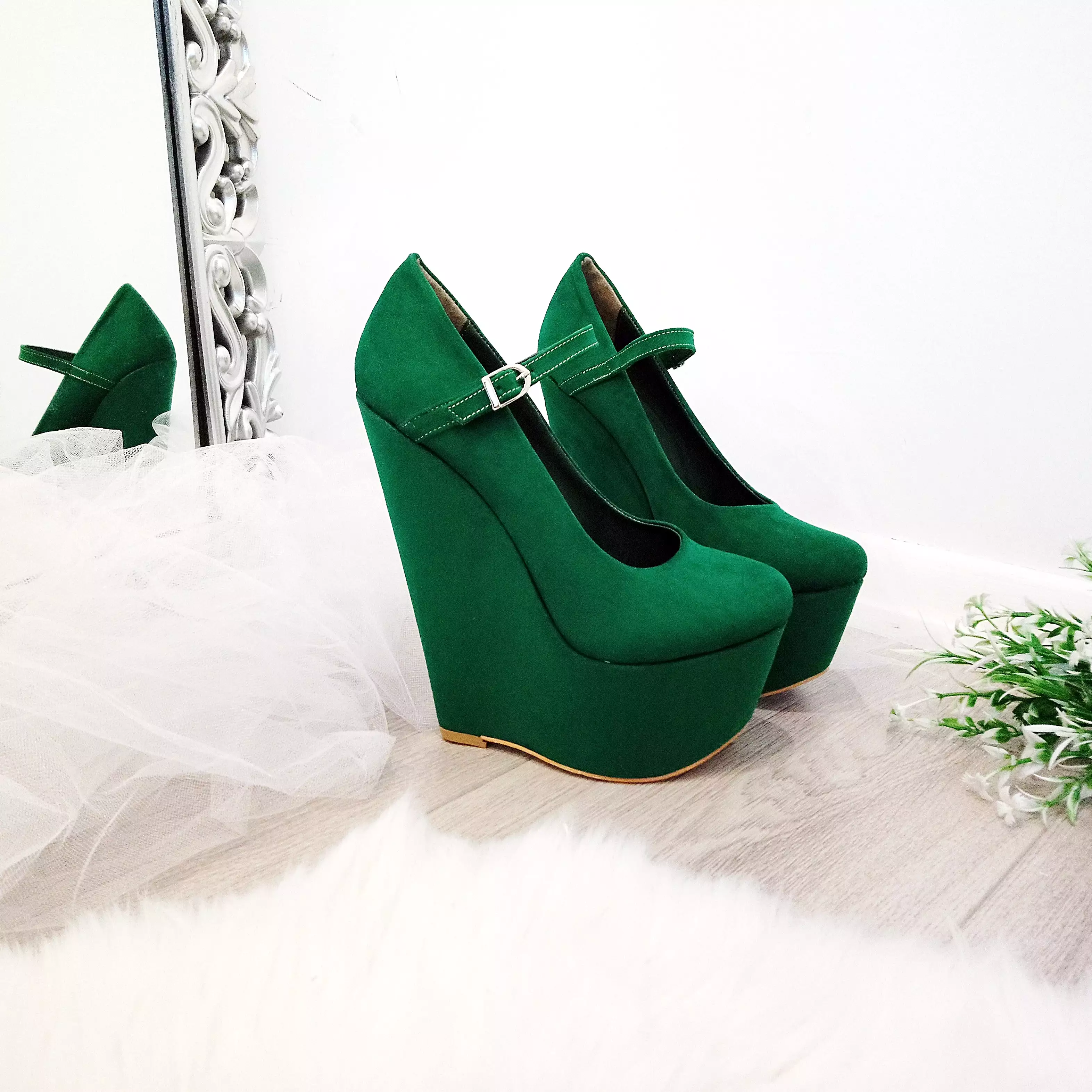 Dark Green Suede High Heel Wedge Shoes