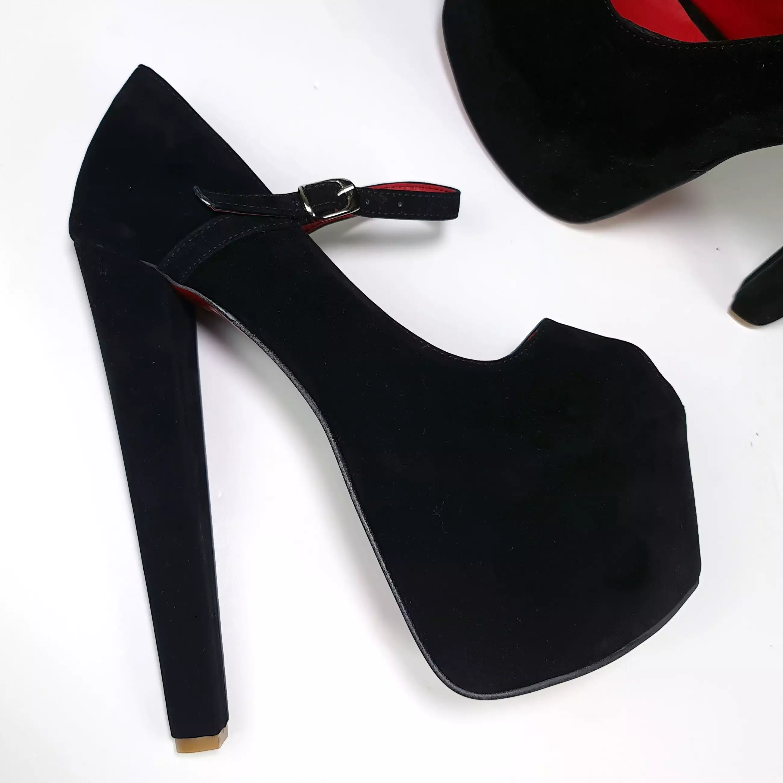 Fishmouth Mary Jane Black Suede Chunky High Heels