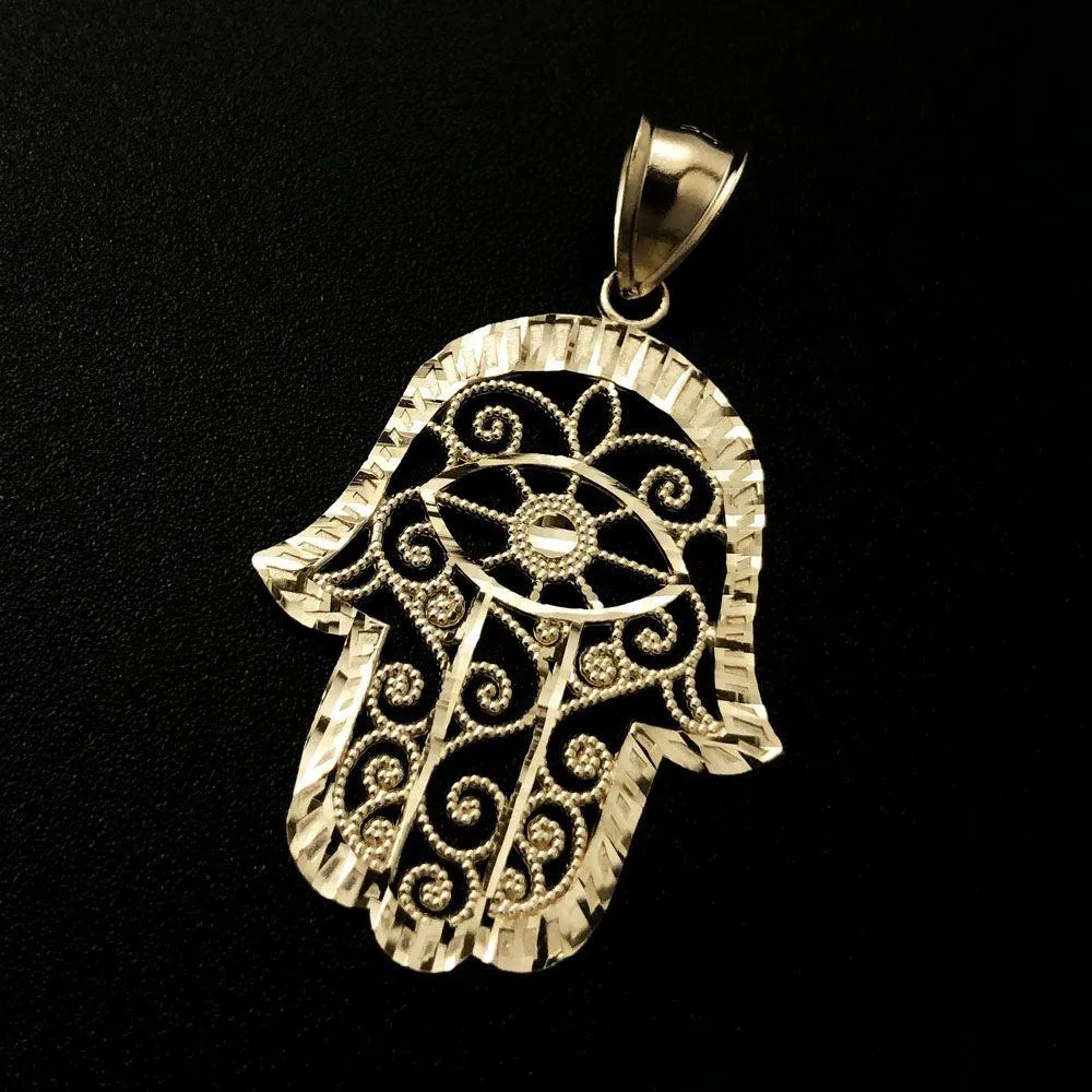 Hamsa Hand Filgaree DC 10K Yellow Gold Pendant