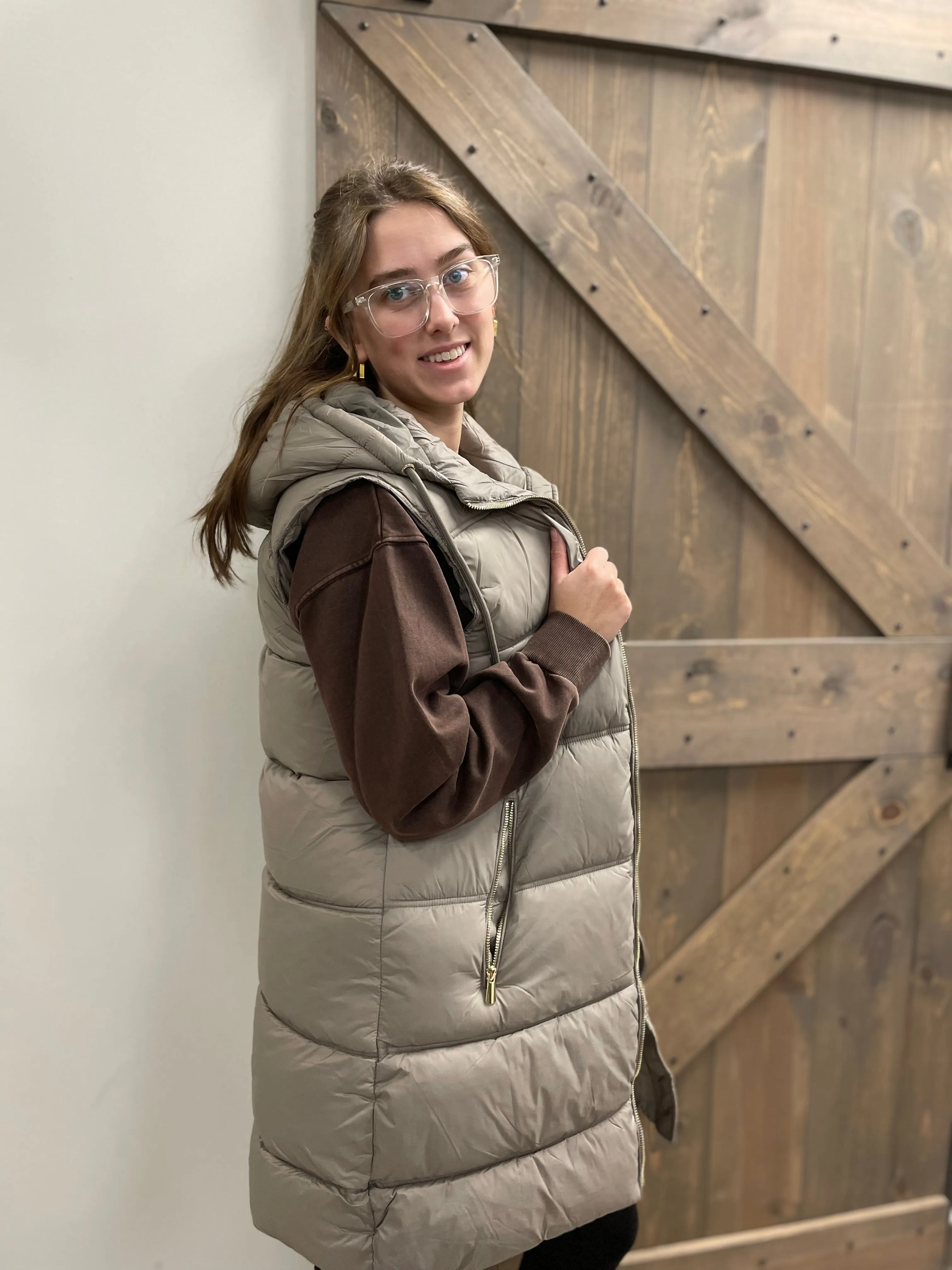 Hooded Puffer Vest | Taupe