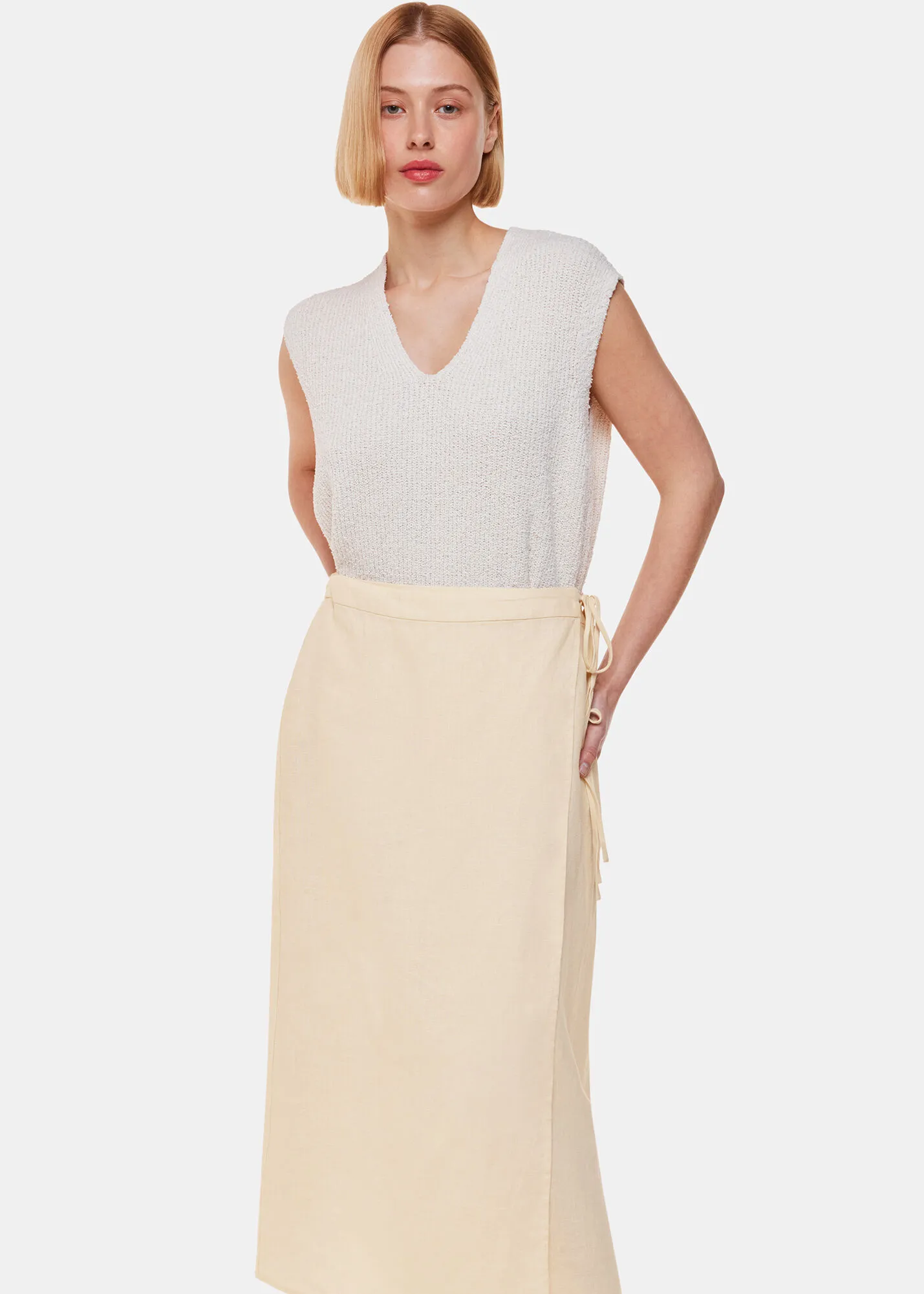 Ivory Linen Wrap Midi Skirt