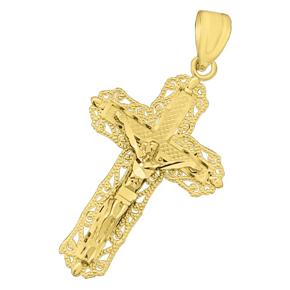 Jesus Crucifix Filigree Cross DC 10K Yellow Gold Pendant