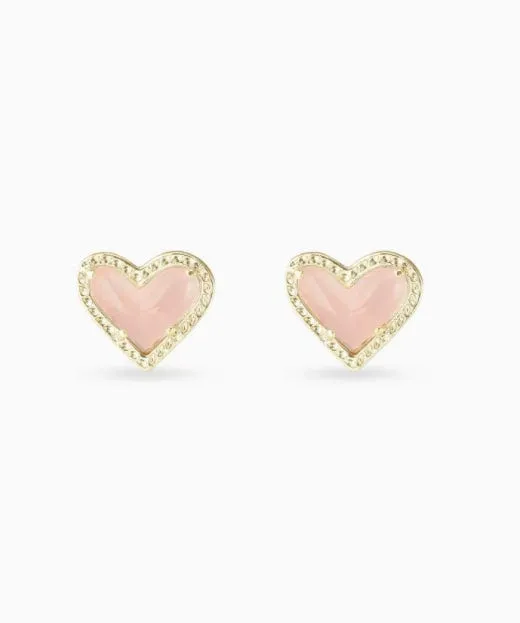 Kendra Scott Ari Heart Gold Stud Earrings - Rose Quartz