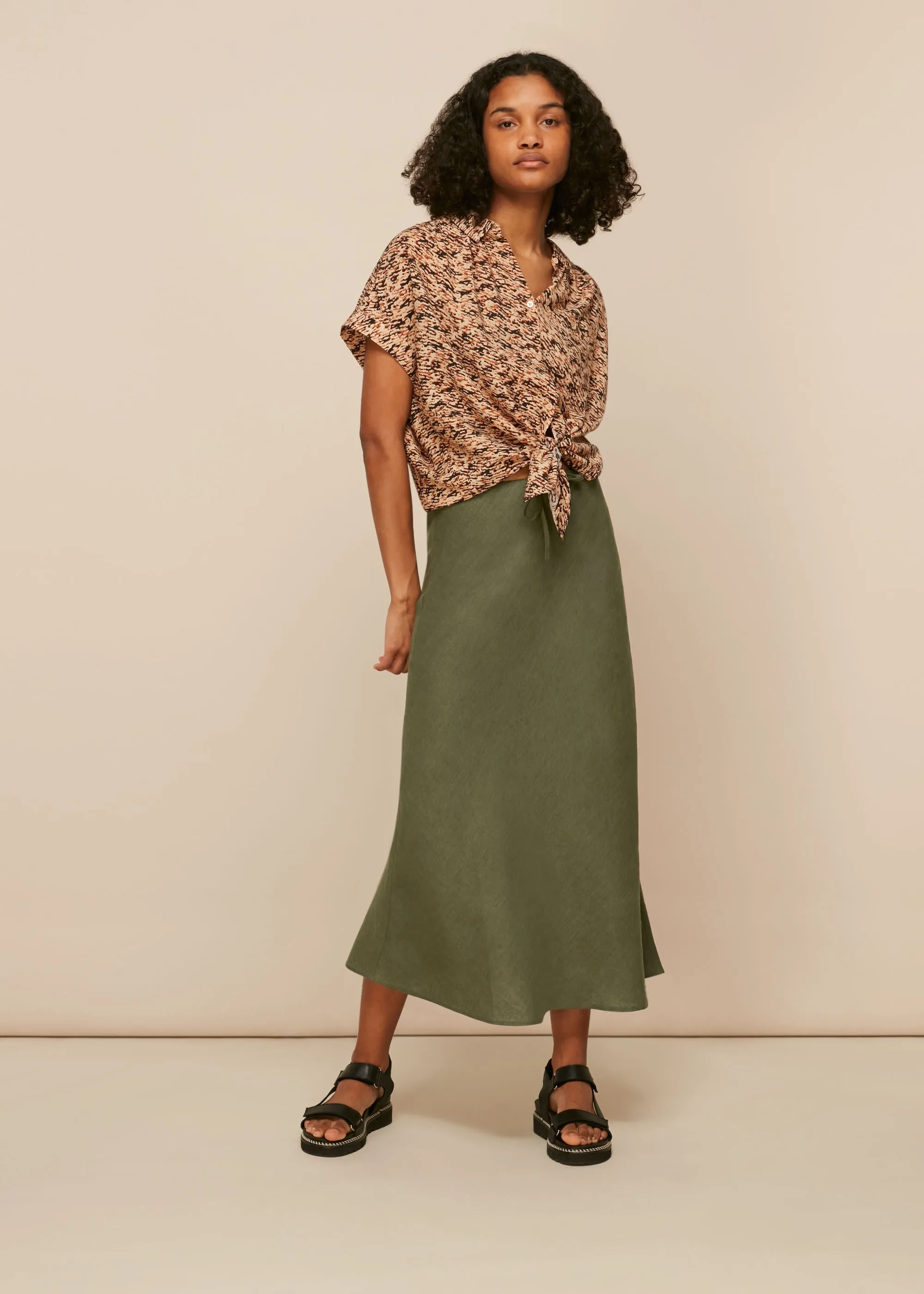 Khaki Linen Bias Cut Skirt