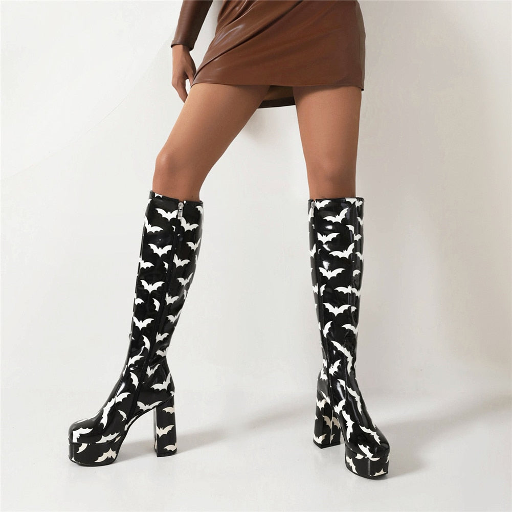 Lady's Platform Knee High Boots Fashion Print Bat Multicolor Thick High Heels