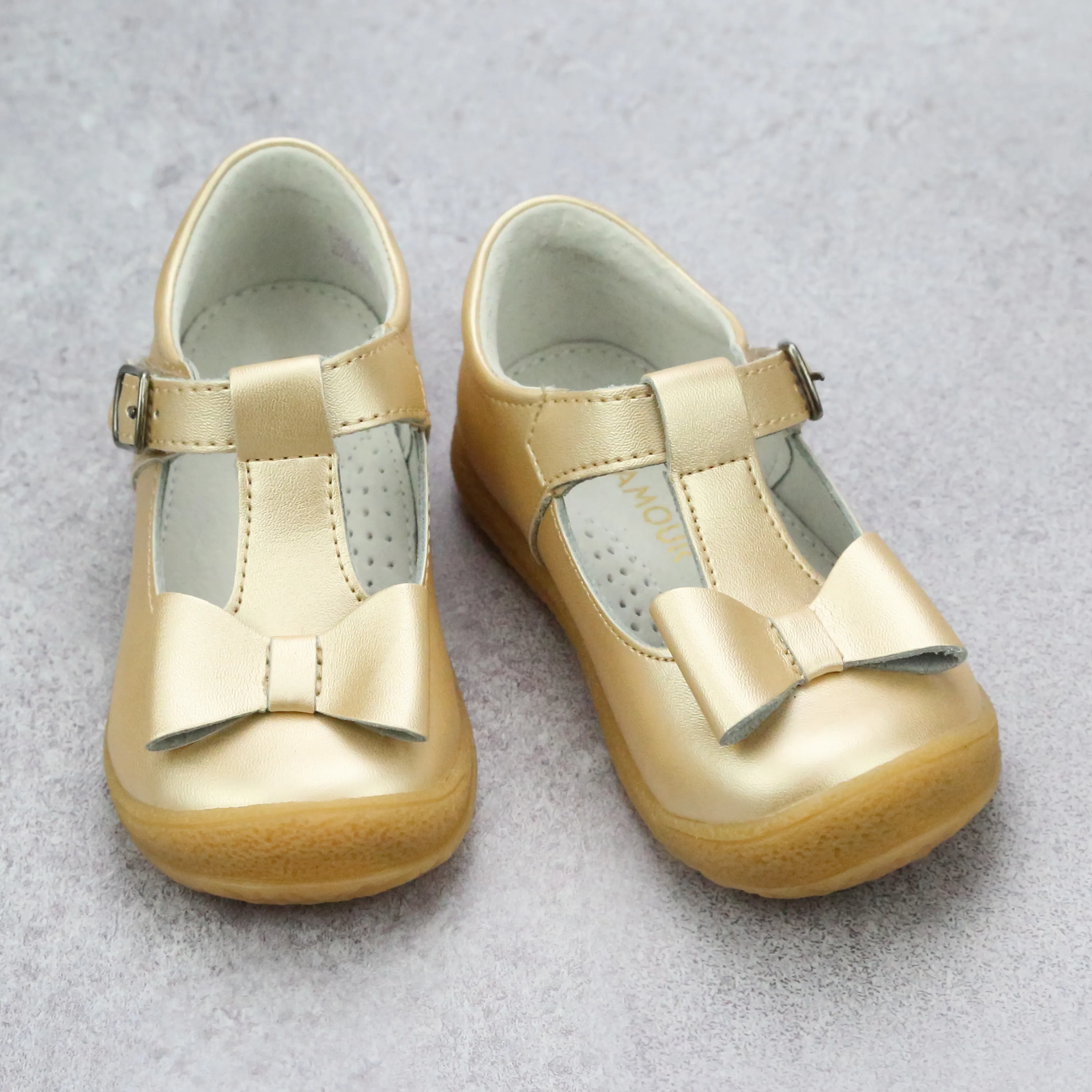 L'Amour Girls Metallic T-Strap Bow Mary Janes