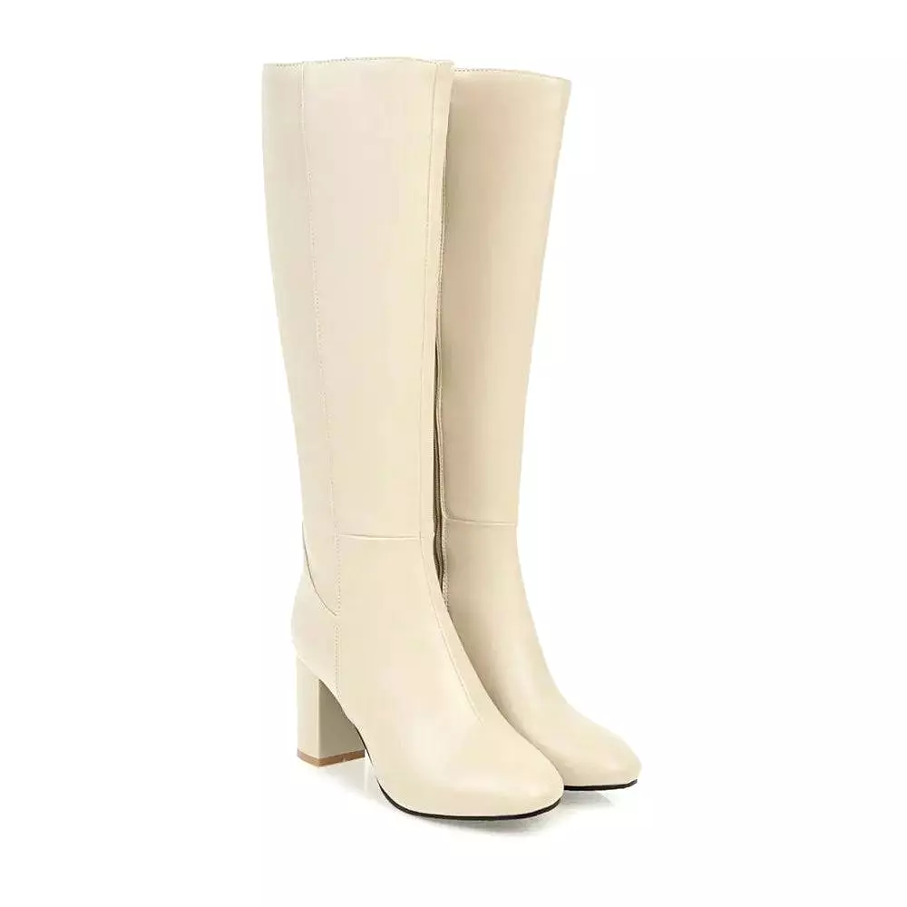 Leather High Heeled Knee High Women Boots