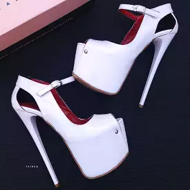 Modern Mary Jane White Gloss Open Toe Heels