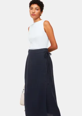 Navy Linen Wrap Midi Skirt