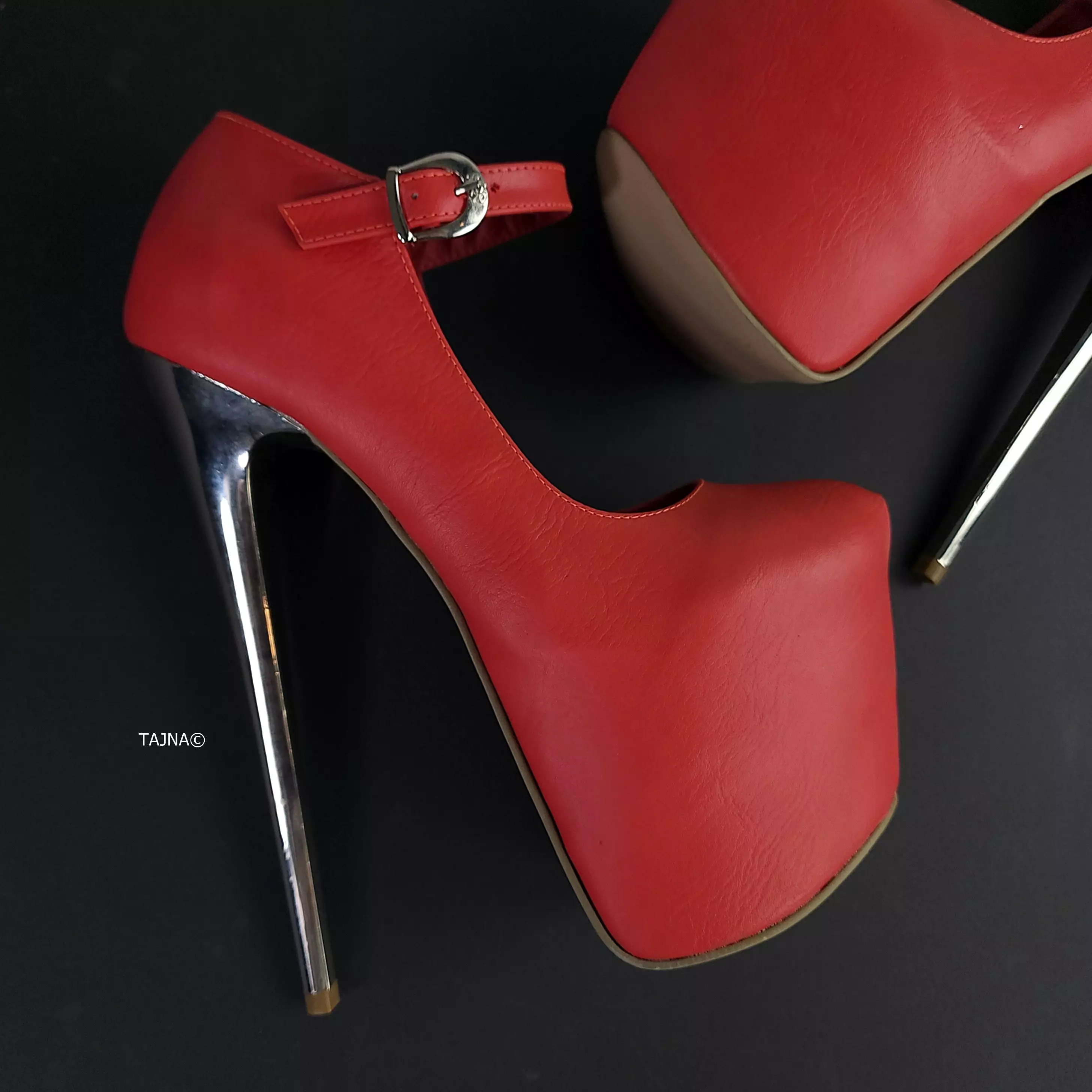 Soft Red Metallic Heel Modern Mary Jane Pumps