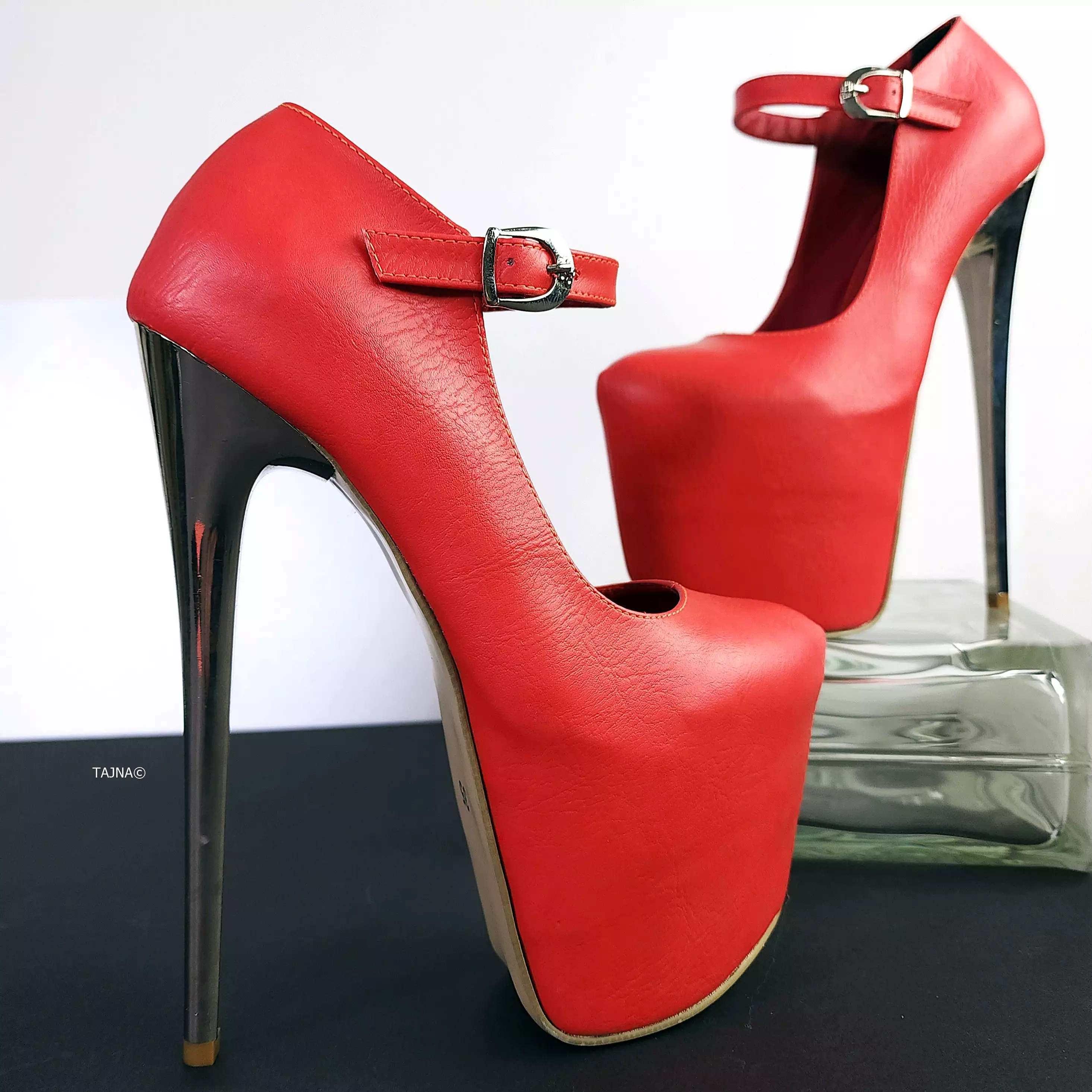 Soft Red Metallic Heel Modern Mary Jane Pumps