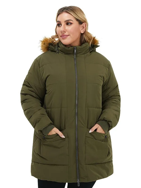 Soularge Women's Plus Size Winter Warm Quilted Puffer Jacket with Fur Hood