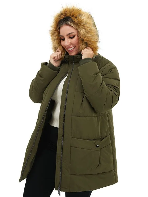 Soularge Women's Plus Size Winter Warm Quilted Puffer Jacket with Fur Hood