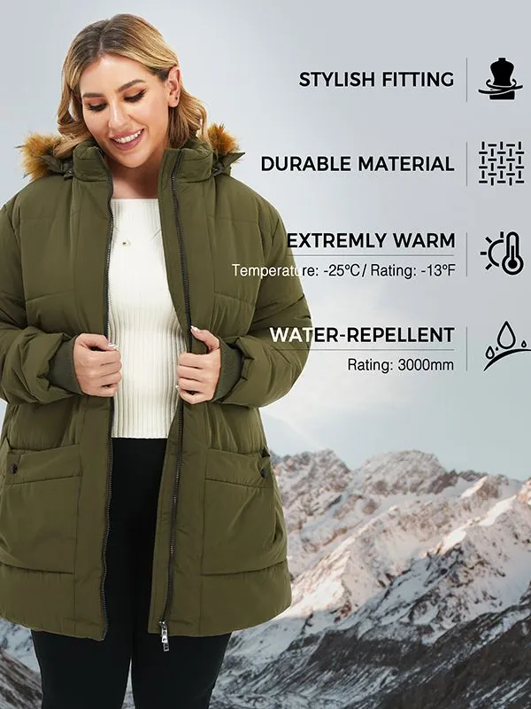 Soularge Women's Plus Size Winter Warm Quilted Puffer Jacket with Fur Hood