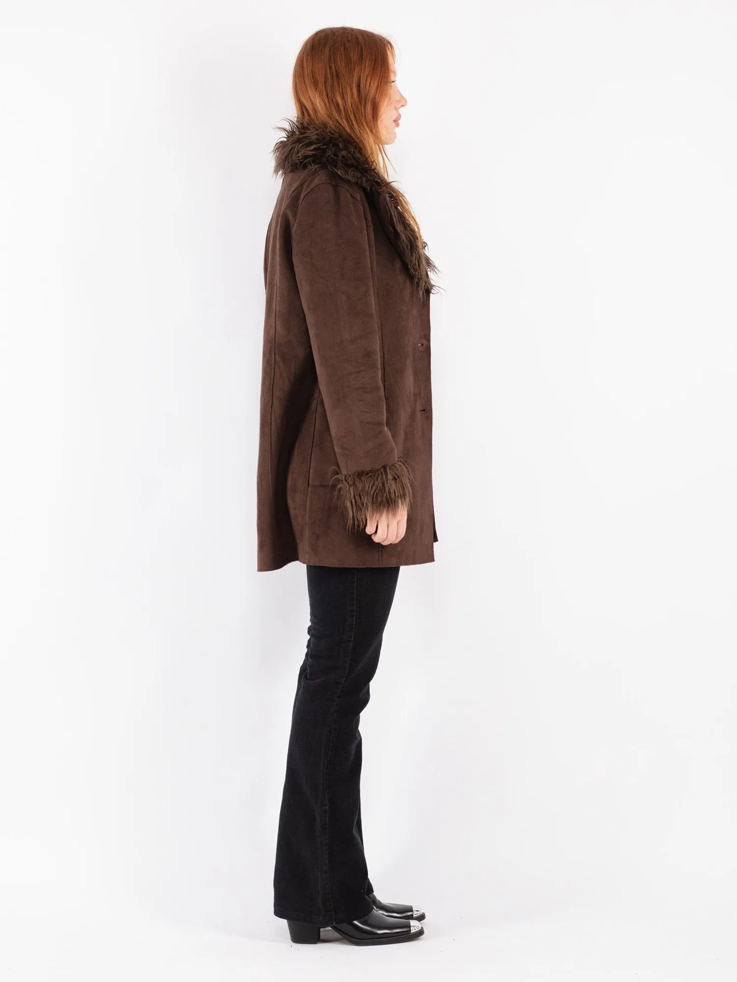 Vintage 00's Women Faux Sheepskin Coat in Brown