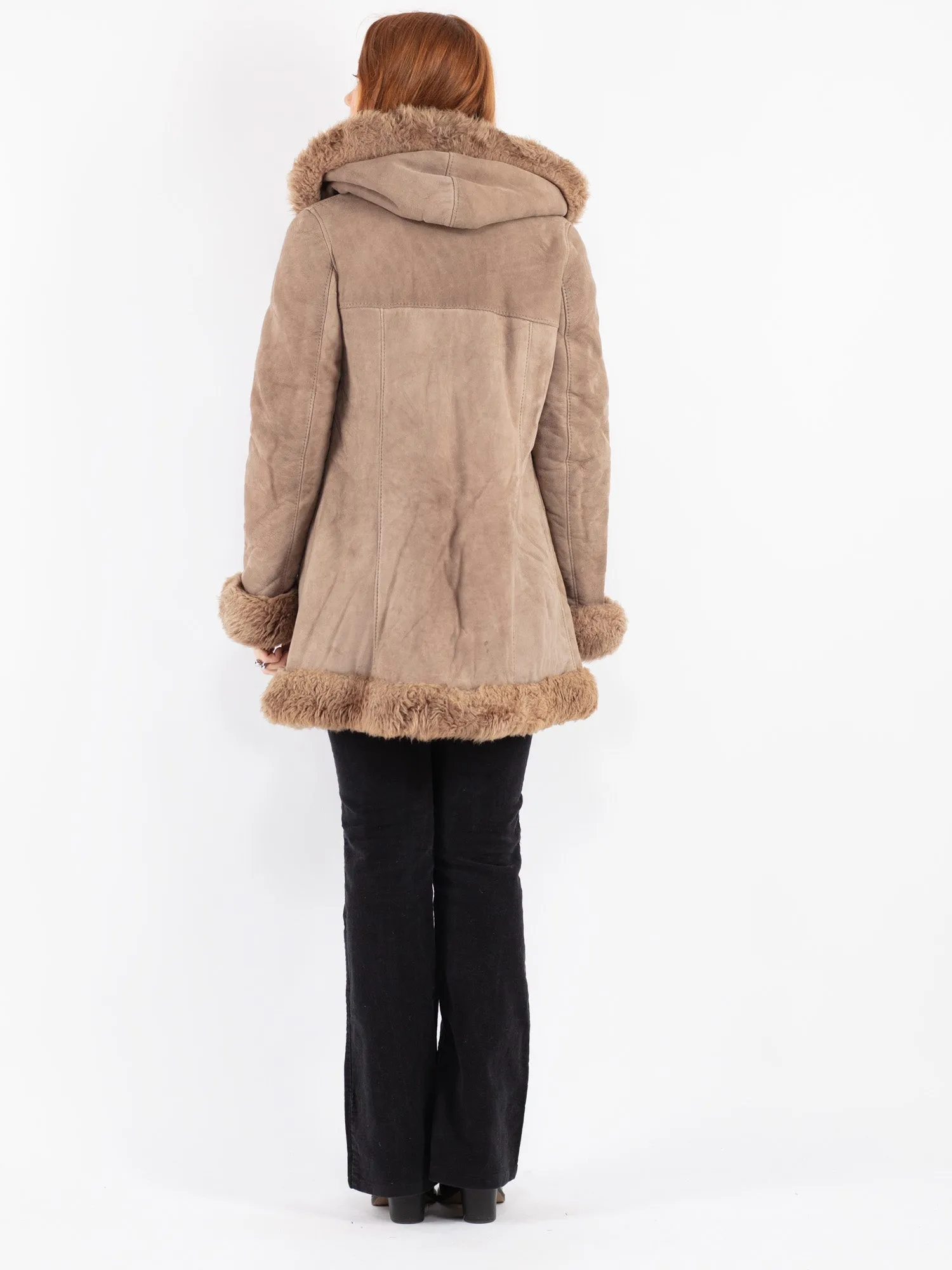 Vintage 70's Women Hooded Sheepskin Coat in Beige