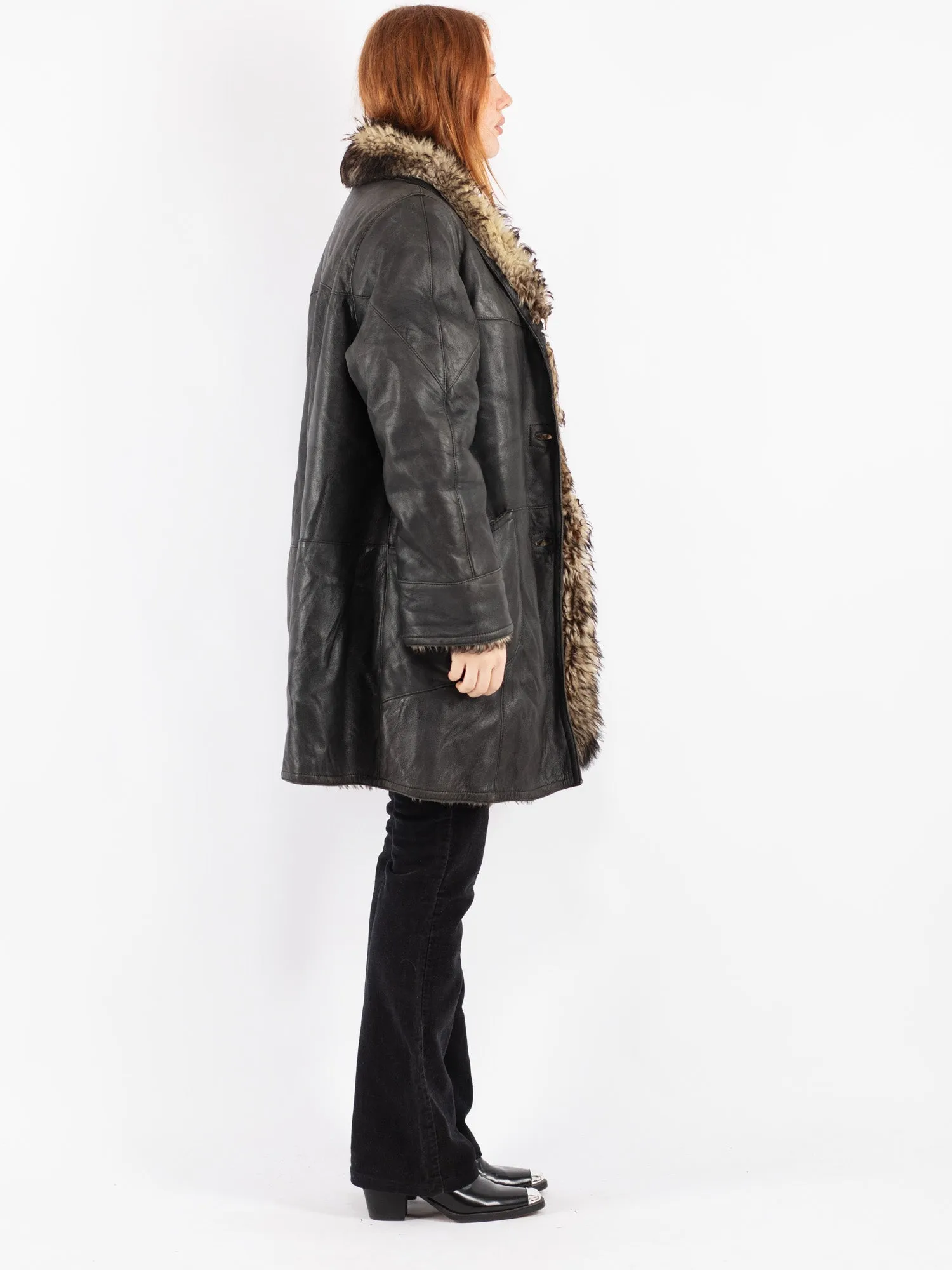 Vintage 70's Women Sheepskin Shearling Coat in Black