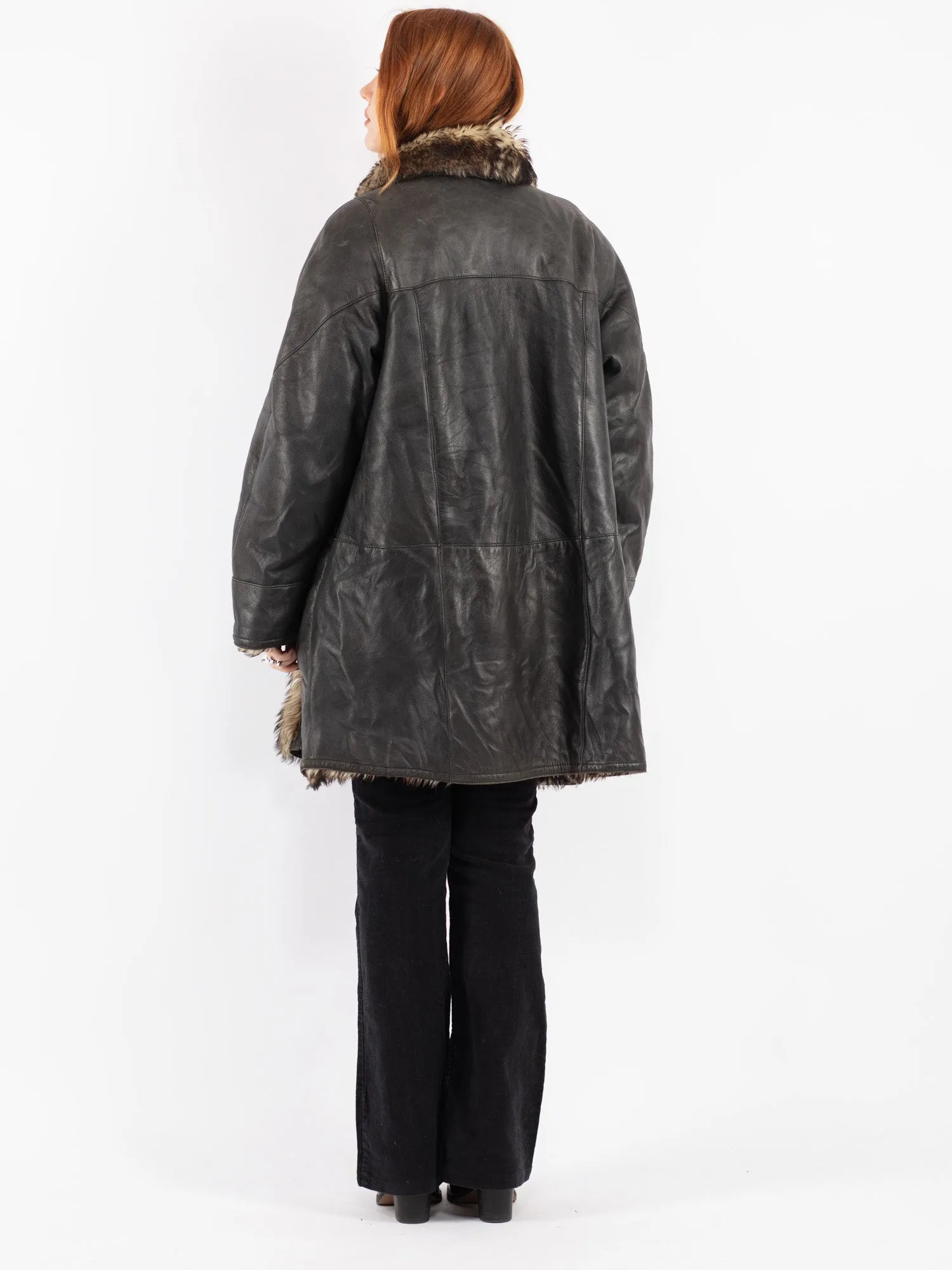 Vintage 70's Women Sheepskin Shearling Coat in Black