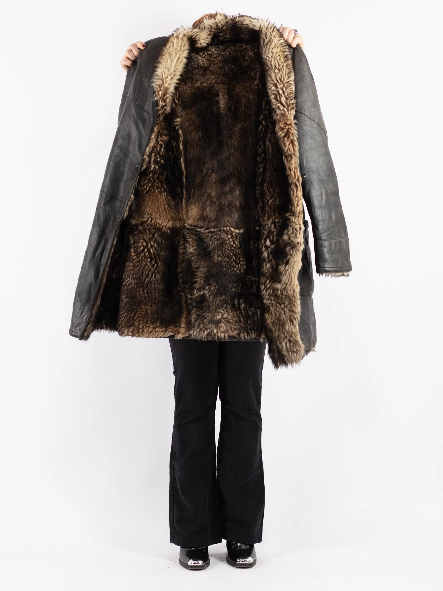 Vintage 70's Women Sheepskin Shearling Coat in Black