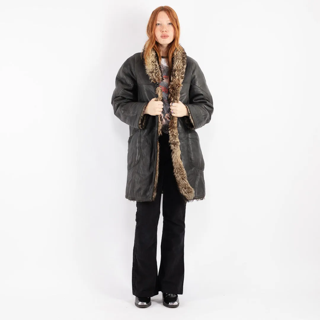 Vintage 70's Women Sheepskin Shearling Coat in Black