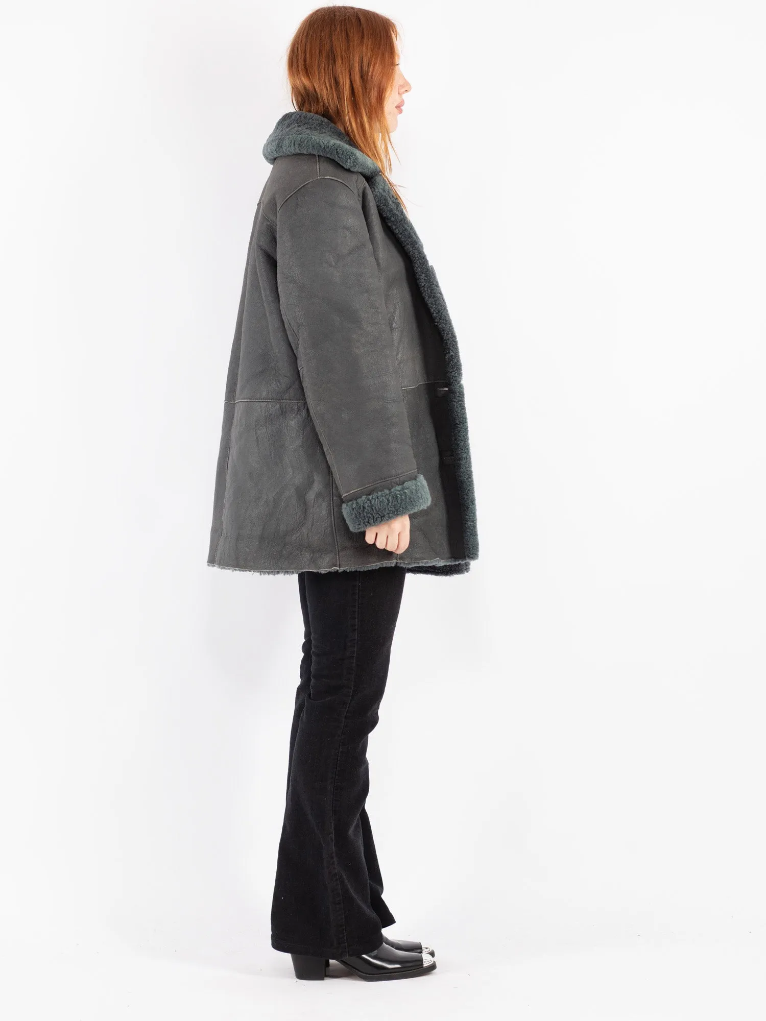 Vintage 70's Women Sheepskin Shearling Coat in Gray