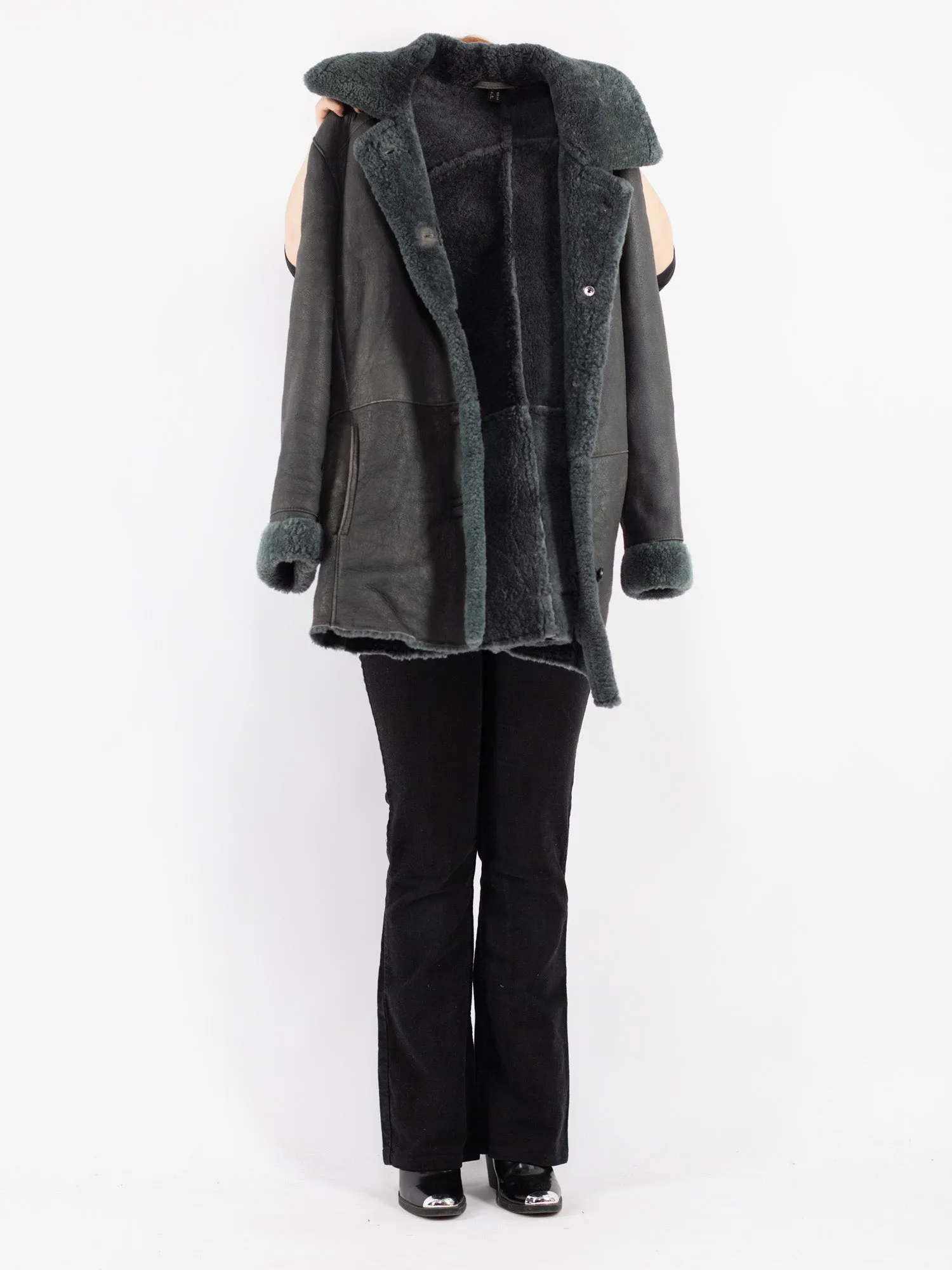 Vintage 70's Women Sheepskin Shearling Coat in Gray