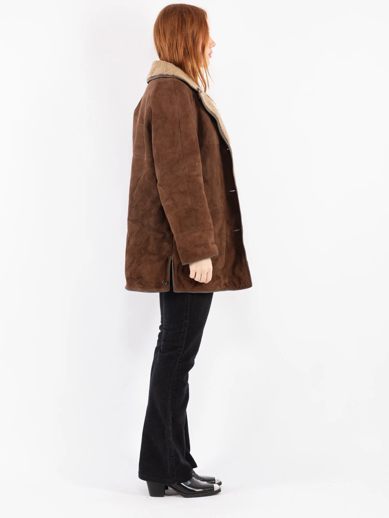 Vintage 70's Women Suede Sherpa Coat in Brown