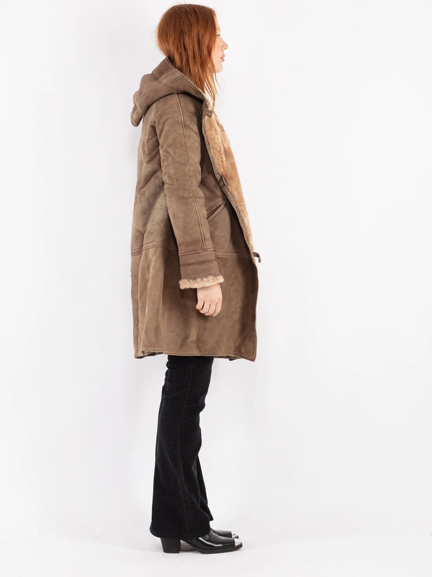 Vintage 80's Women Hooded Sheepskin Coat in Beige