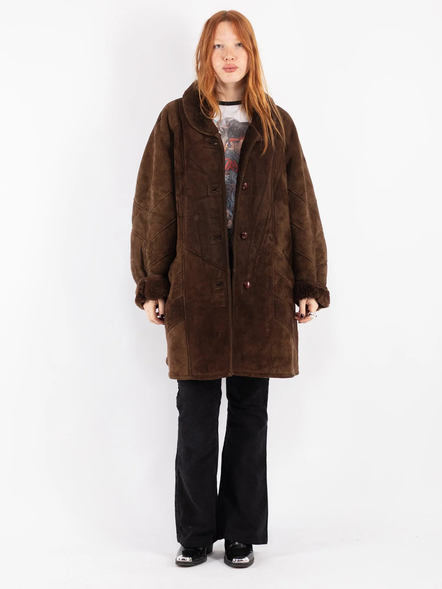 Vintage 80's Women Oversized Sheepskin Coat in Brown