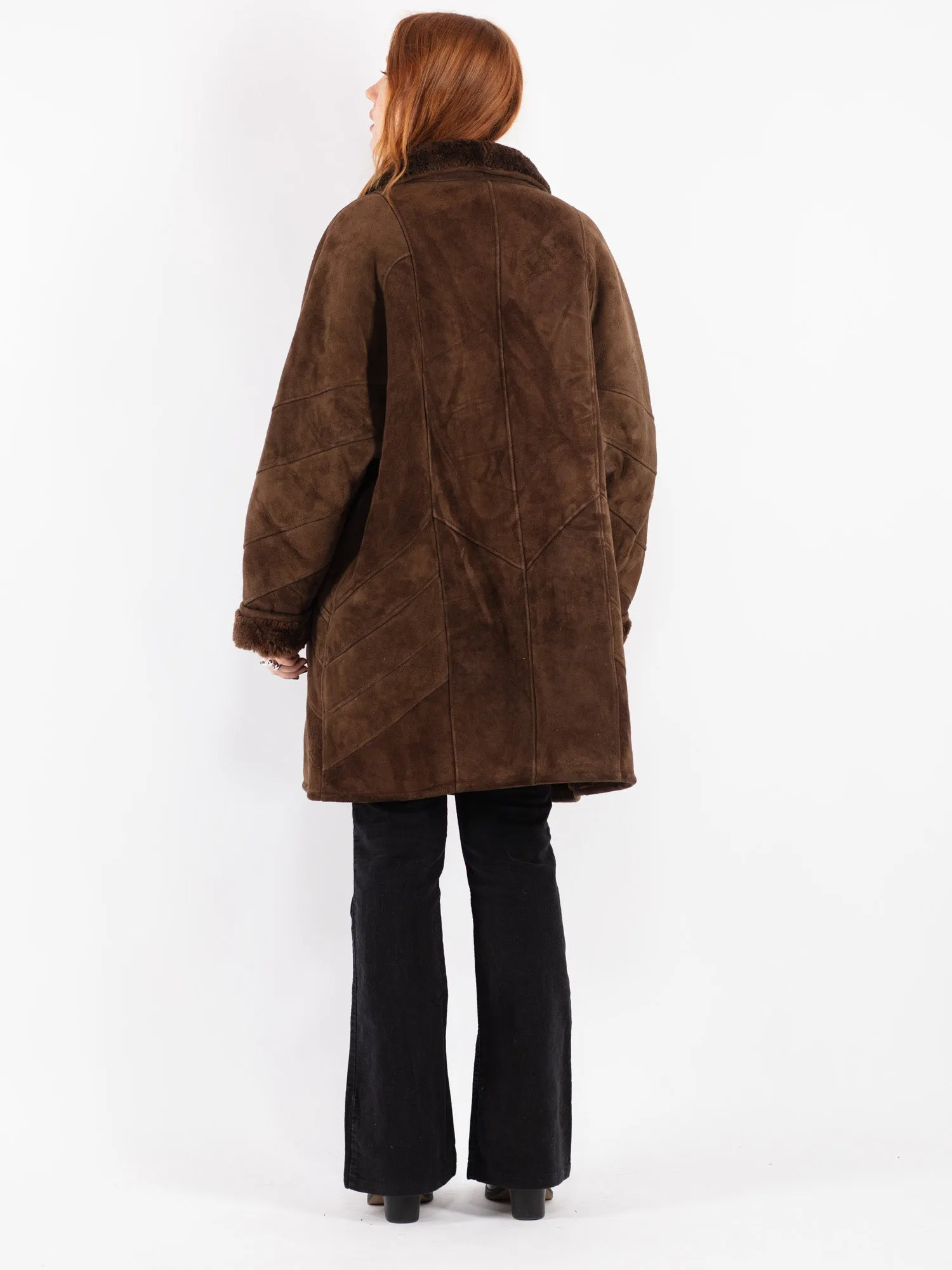 Vintage 80's Women Oversized Sheepskin Coat in Brown